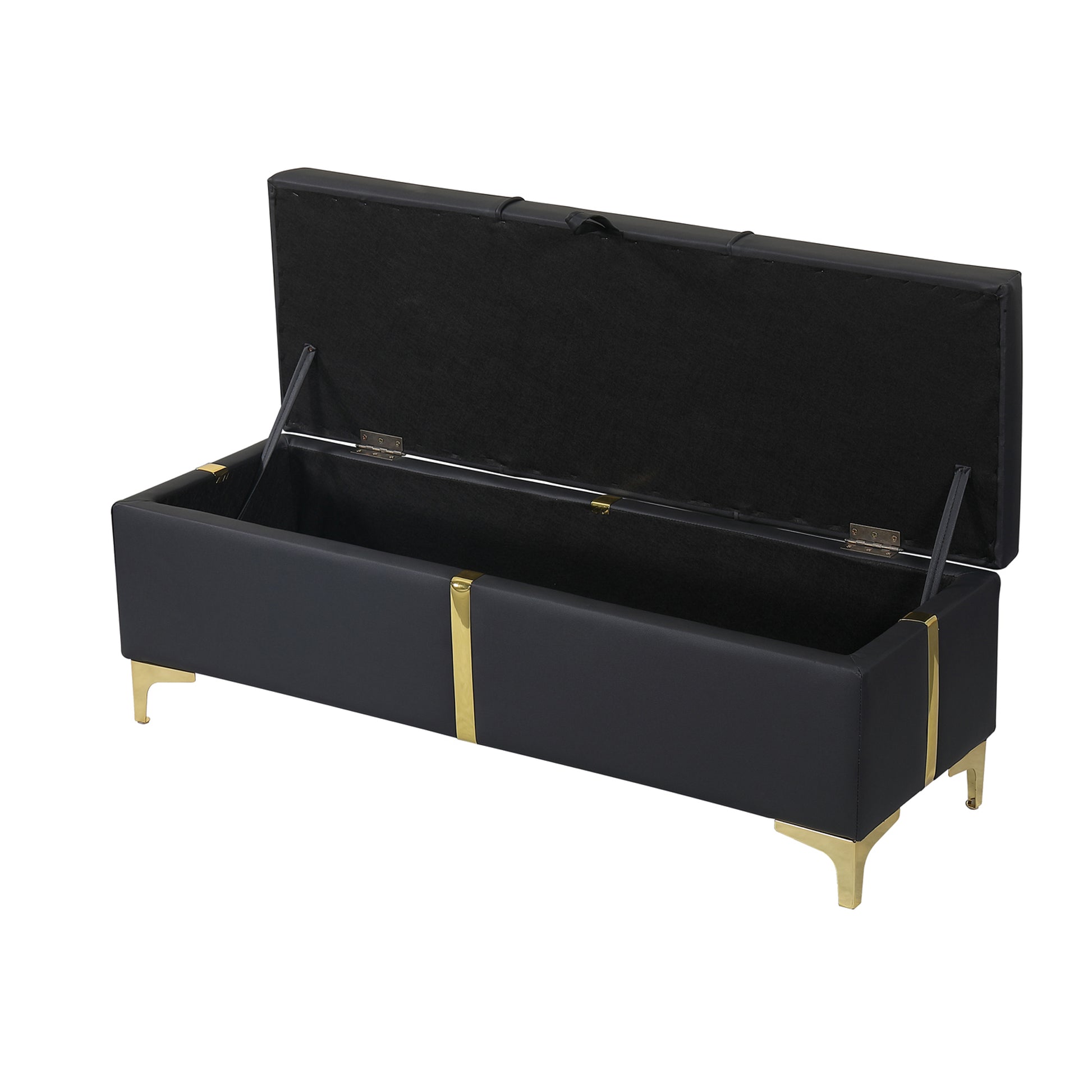 2 Pieces Bedroom Sets,Queen Size Upholstered Platform Bed With Hydraulic Storage System,Storage Ottoman With Metal Legs,Black Black Pu