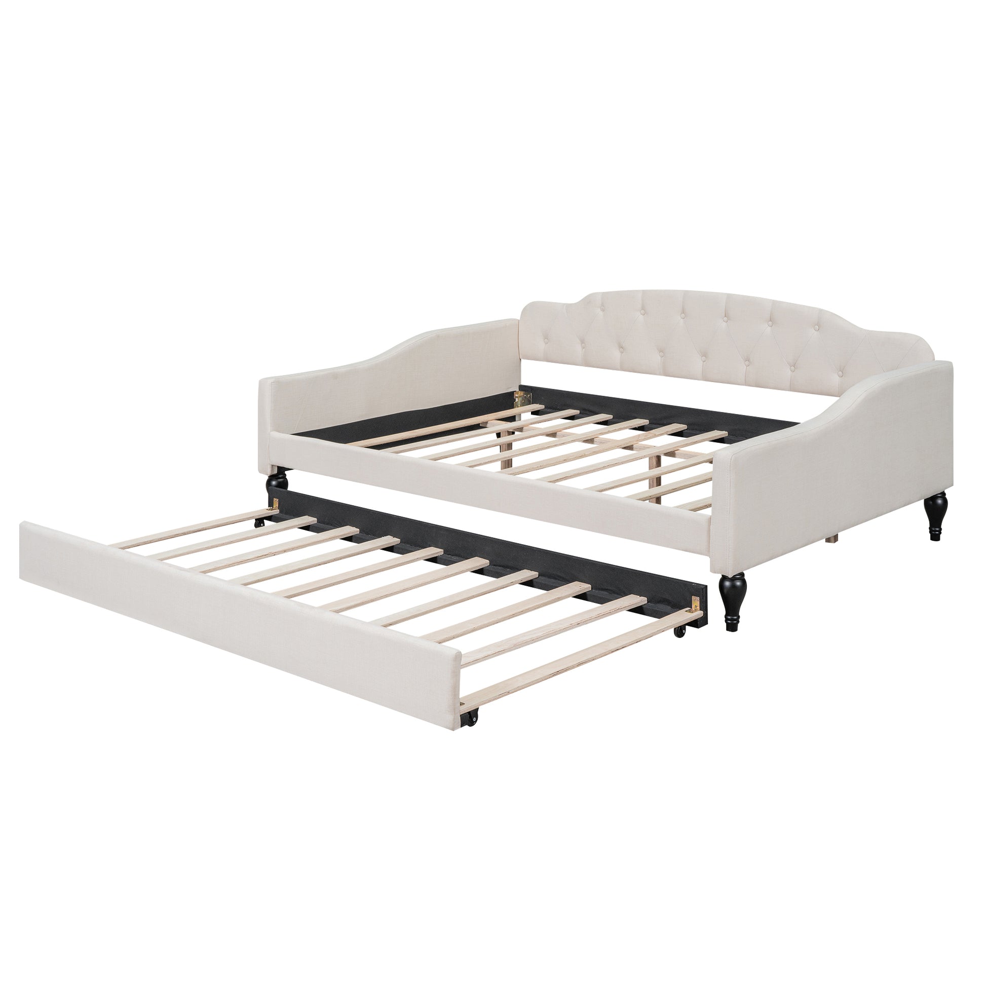 Full Size Upholstered Tufted Daybed With Twin Size Trundle, Beige Box Spring Not Required Full Beige Wood Daybeds Linen Upholstered