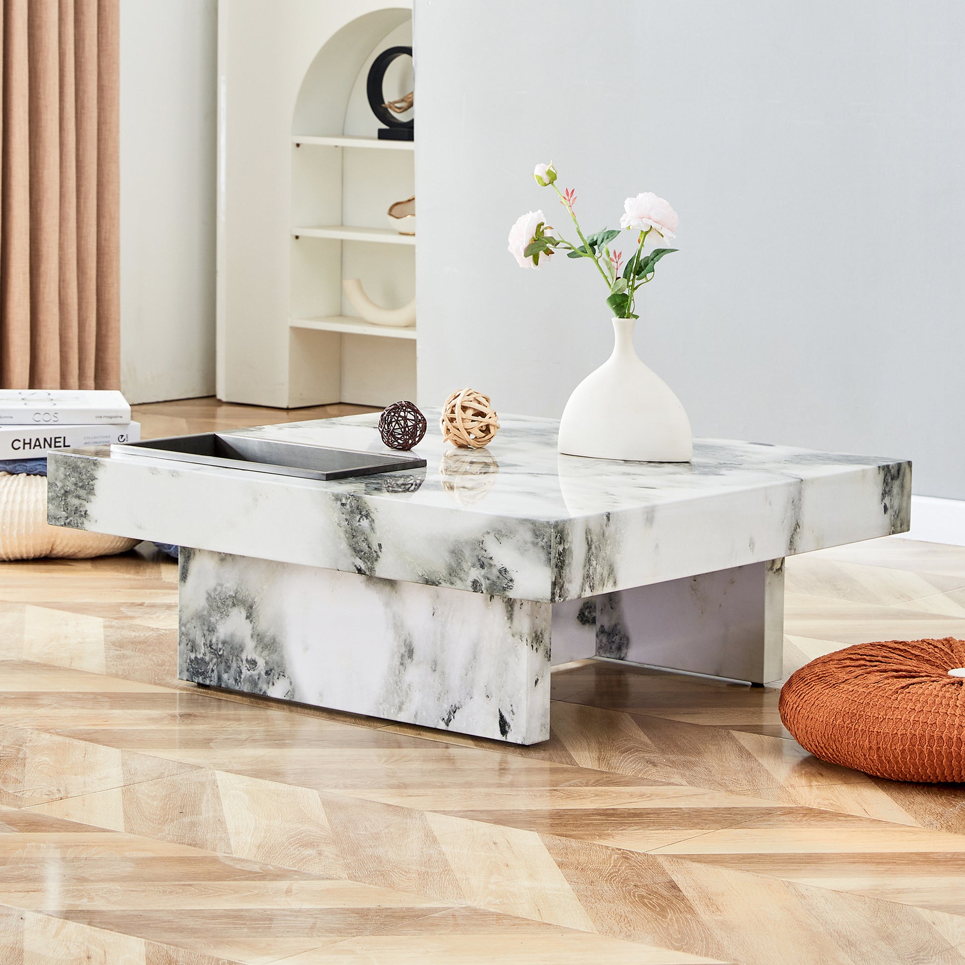 A Modern And Practical Coffee Table, Black And White In Imitation Marble Pattern, Made Of Mdf Material. The Fusion Of Elegance And Natural Fashion 31.4"* 31.4"* 12 " White Mdf
