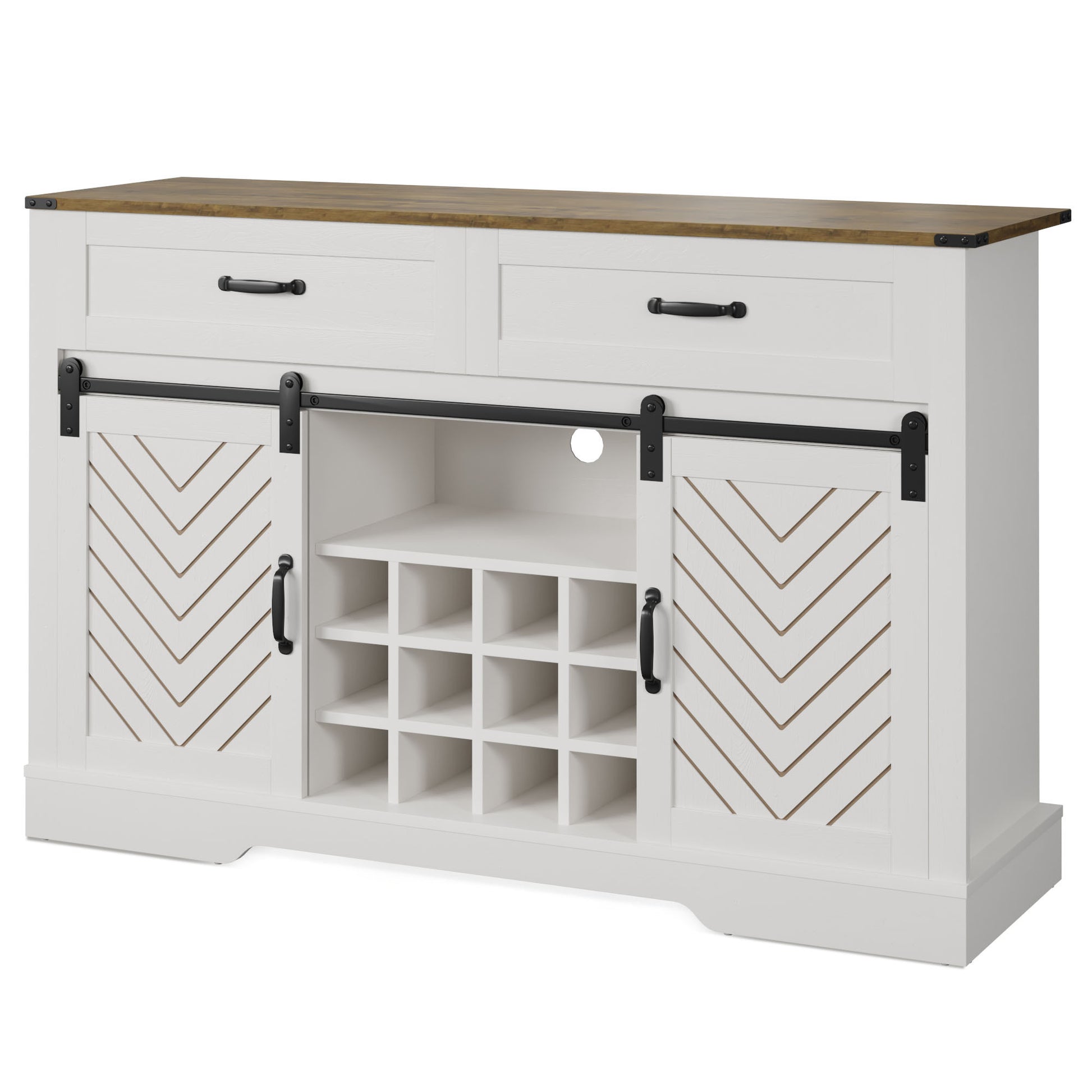 Farmhouse Storage Sideboard Buffet Coffee Bar Cabinet With Sliding Barn Door, 3 Drawers, Wine And Glass Rack White & Oak White Oak Engineered Wood