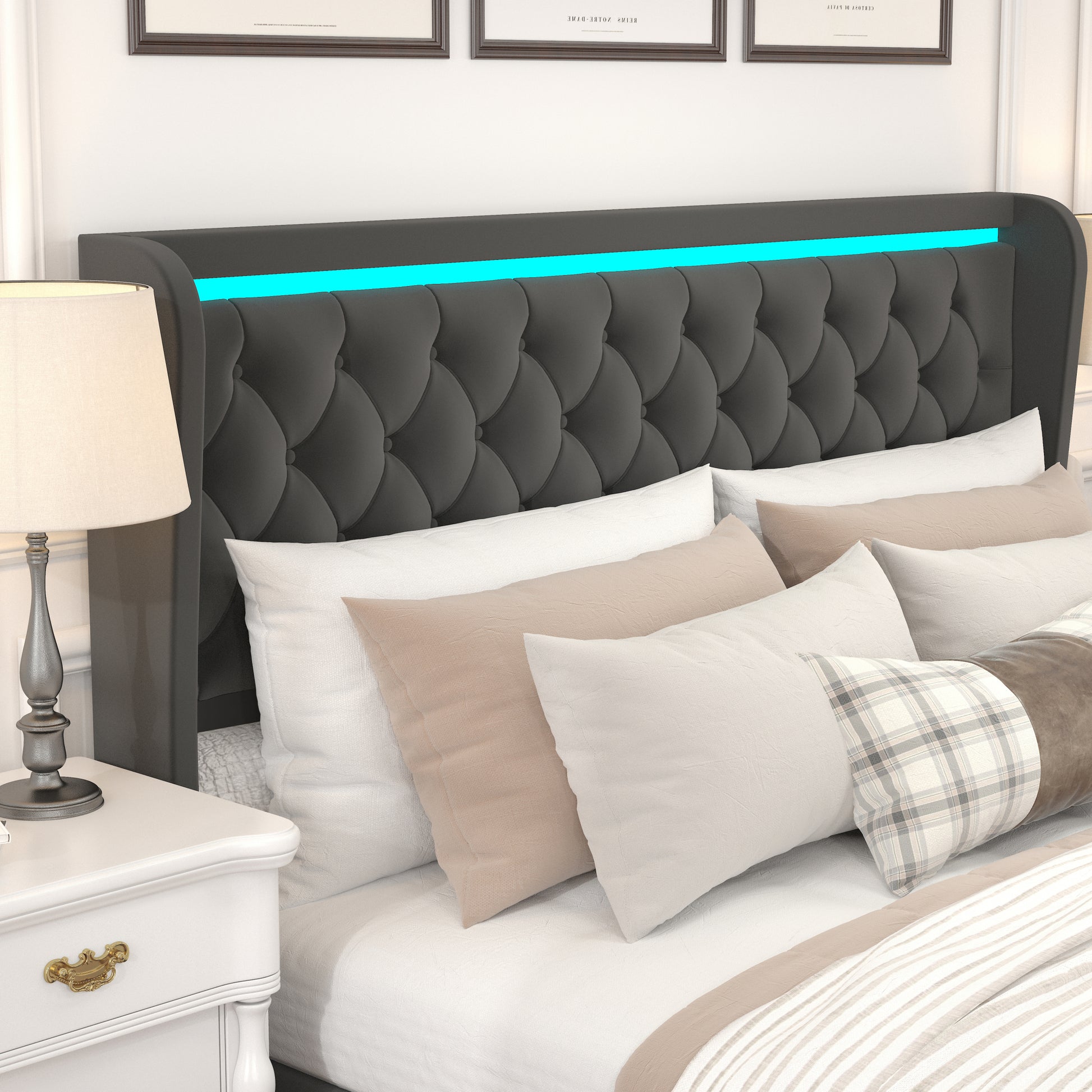Queen Platform Bed Frame With High Headboard, Velvet Upholstered Bed With Deep Tufted Buttons, Adjustable Colorful Led Light Decorative Headboard, Wide Wingbacks,Black Queen Black Velvet