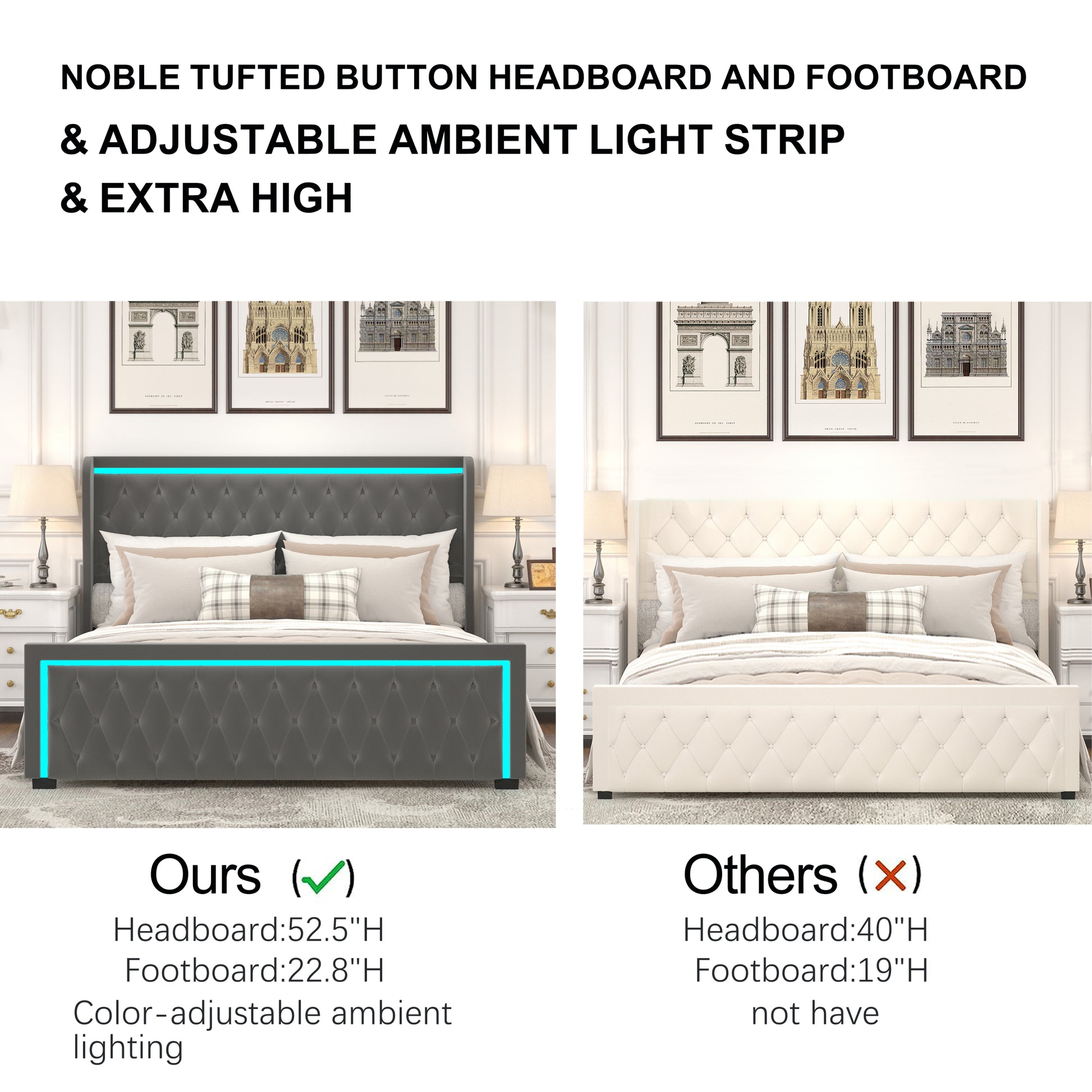 Queen Platform Bed Frame With High Headboard, Velvet Upholstered Bed With Deep Tufted Buttons, Adjustable Colorful Led Light Decorative Headboard, Wide Wingbacks,Grey Queen Grey Velvet