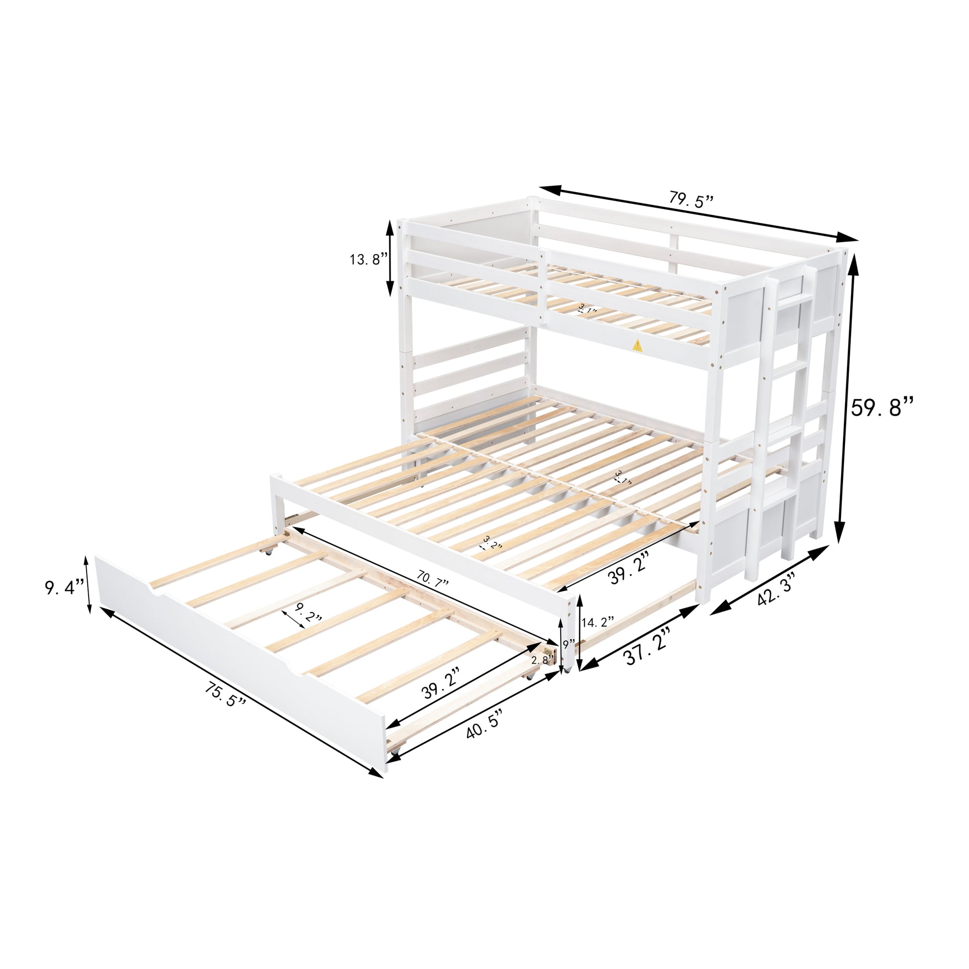 Twin Over Pull Out Bunk Bed With Trundle, White Box Spring Required Twin White Wood Brown Bedroom American Design,Artsy Pine Bed Frame Pine