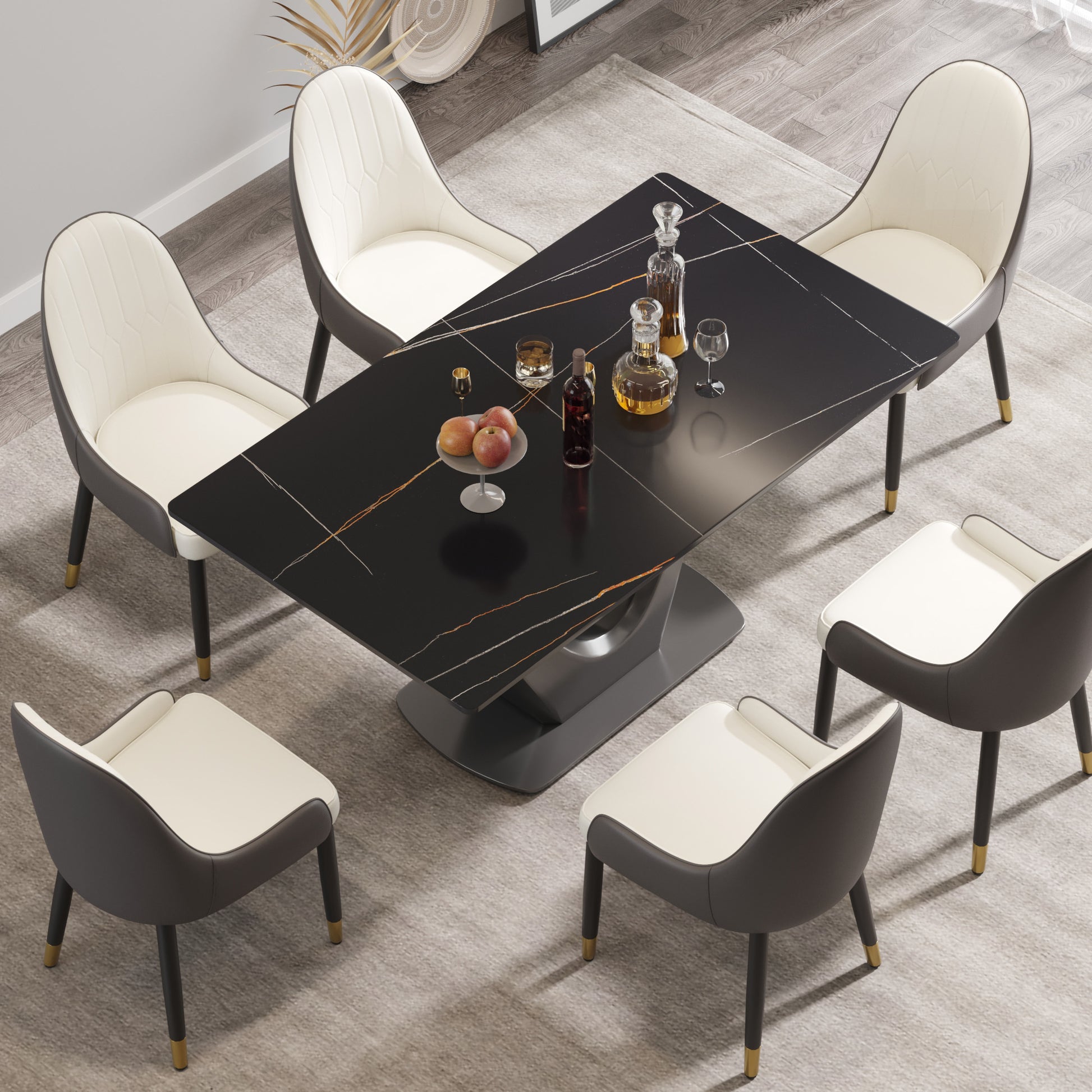 63 "Modern Artificial Stone Black Panel Gray V Shaped Metal Legs Can Accommodate 6 8 People. Black Gray Dining Room Metal Sintered Stone
