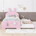 Wood Twin Size Platform Bed With Cartoon Ears Shaped Headboard And Trundle, Pink Box Spring Not Required Twin Pink Wood Bedroom Chenille Solid Wood Mdf