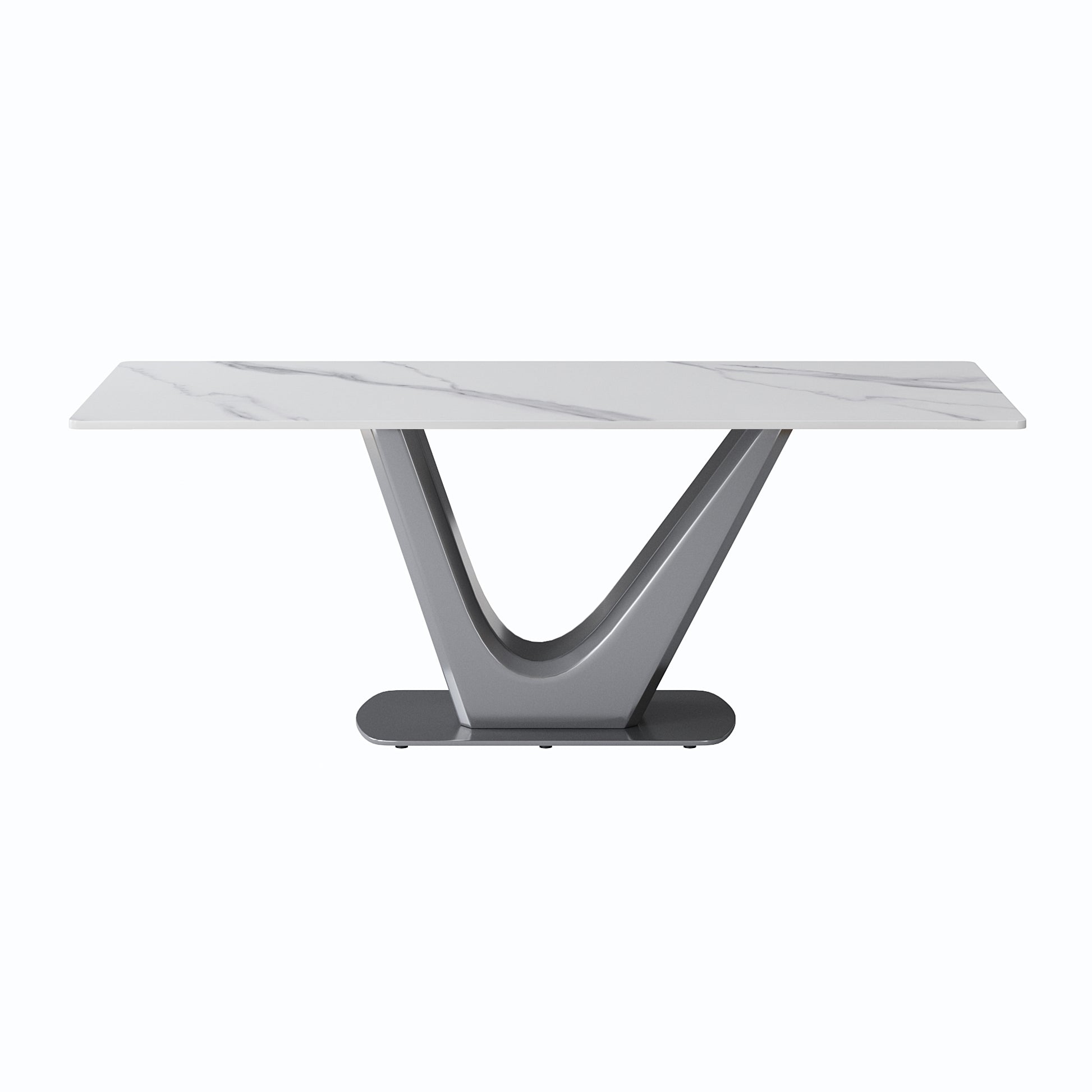 78.74 "Modern Artificial Stone White Panel Gray V Shaped Metal Legs Can Accommodate 8 People. White Gray Dining Room Metal Sintered Stone