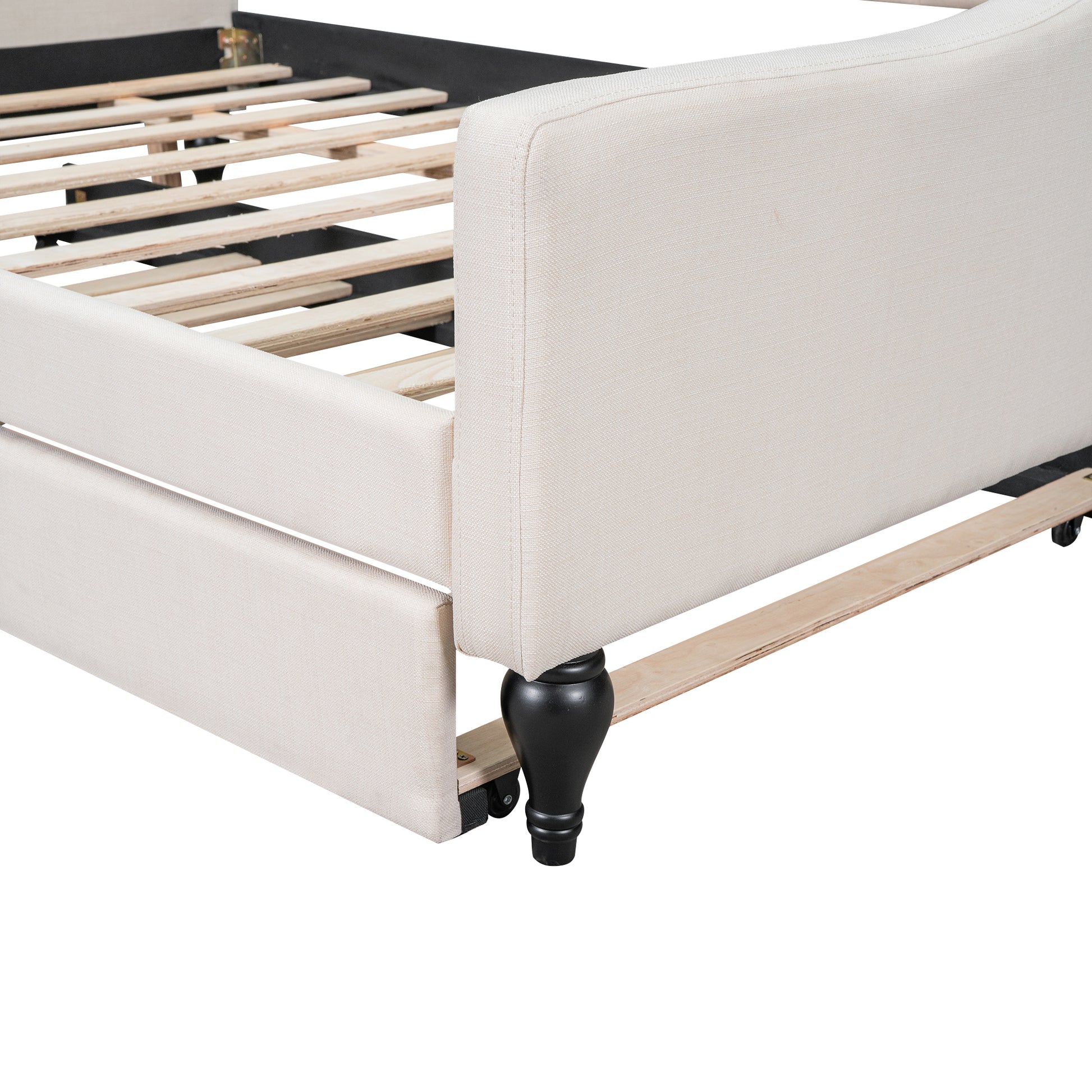 Full Size Upholstered Tufted Daybed With Twin Size Trundle, Beige Box Spring Not Required Full Beige Wood Daybeds Linen Upholstered