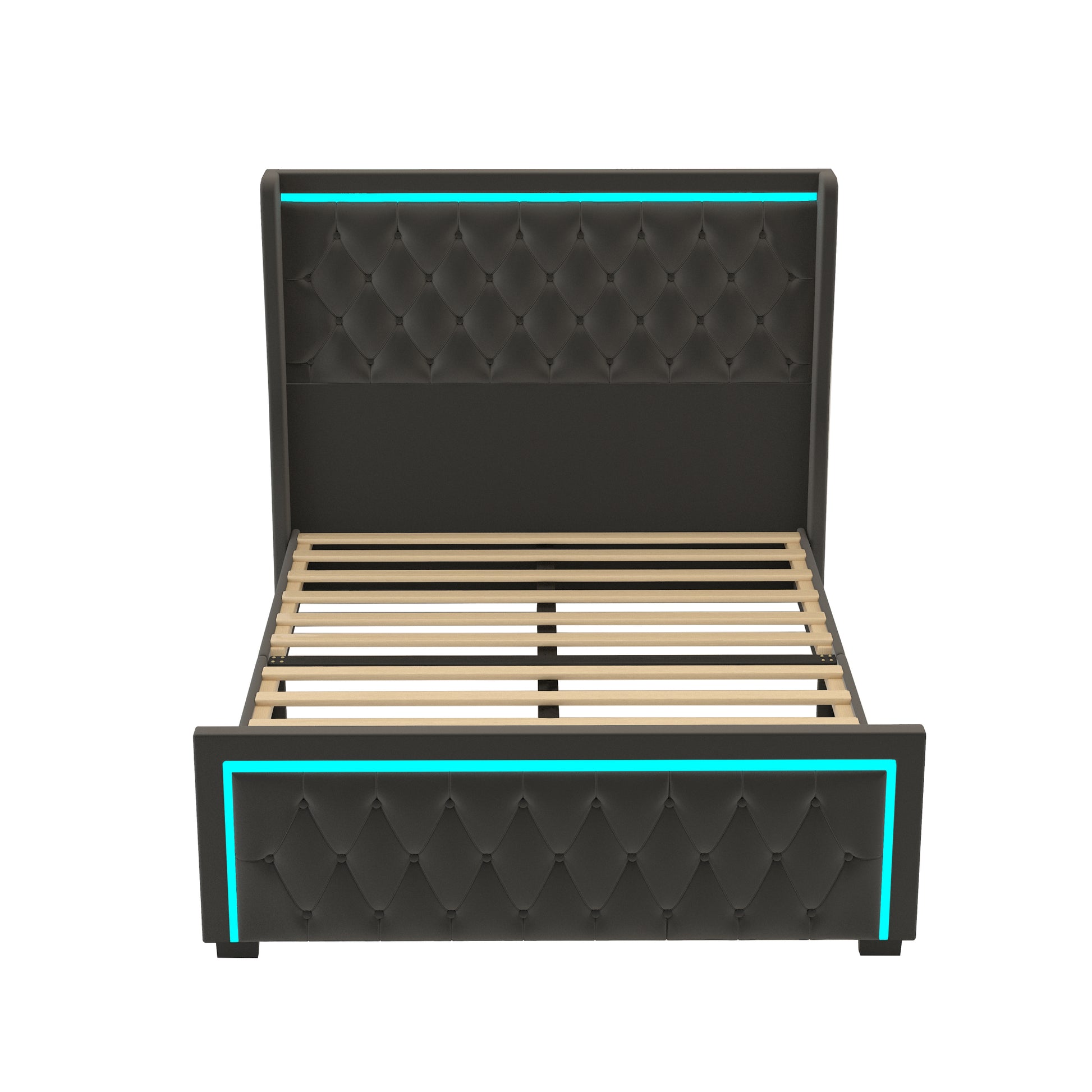 Queen Platform Bed Frame With High Headboard, Velvet Upholstered Bed With Deep Tufted Buttons, Adjustable Colorful Led Light Decorative Headboard, Wide Wingbacks,Black Queen Black Velvet