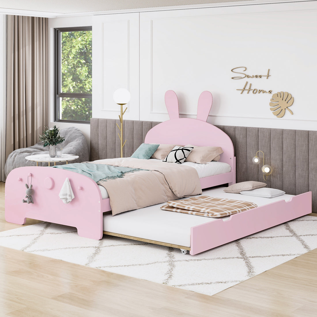 Wood Twin Size Platform Bed With Cartoon Ears Shaped Headboard And Trundle, Pink Box Spring Not Required Twin Pink Wood Bedroom Chenille Solid Wood Mdf