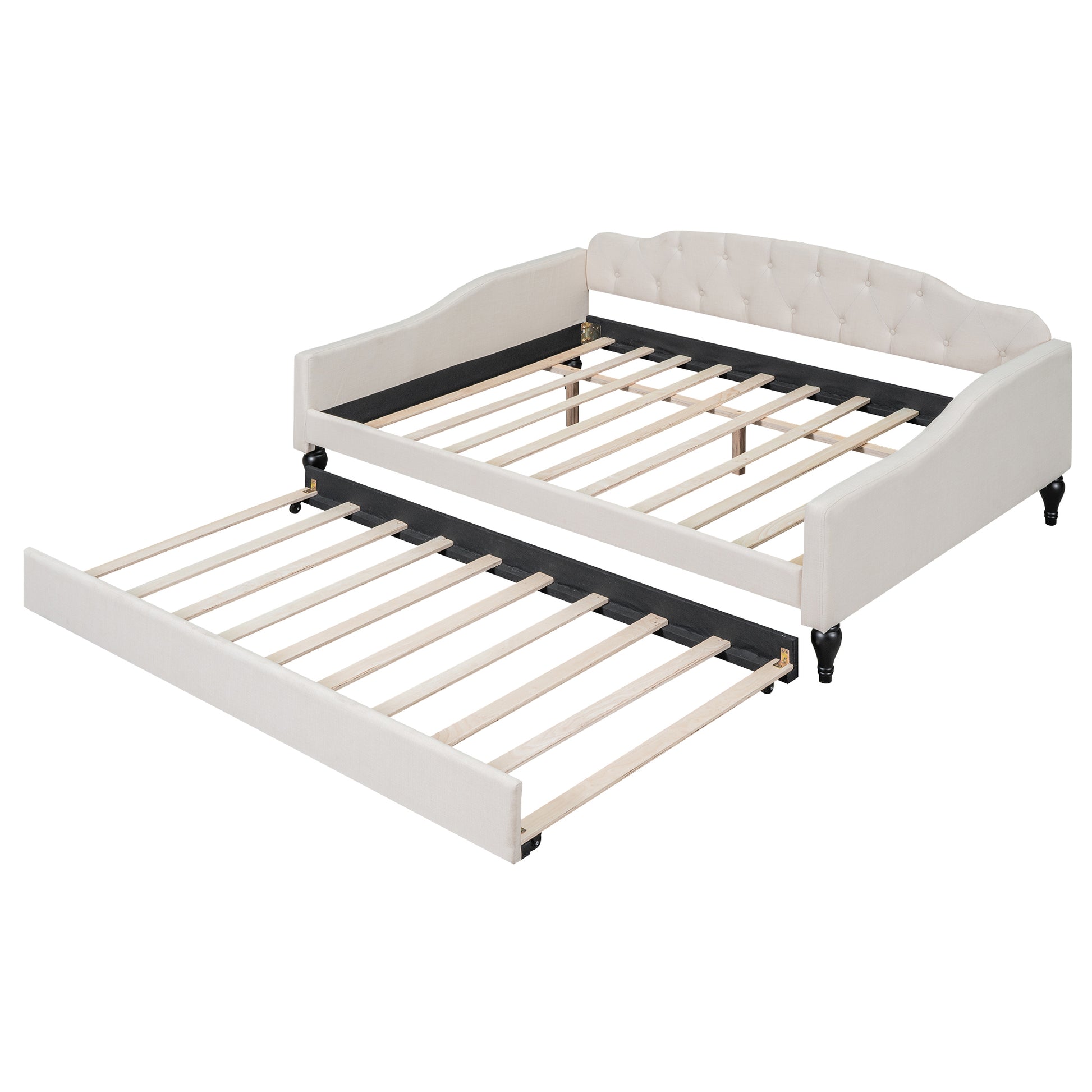 Full Size Upholstered Tufted Daybed With Twin Size Trundle, Beige Box Spring Not Required Full Beige Wood Daybeds Linen Upholstered