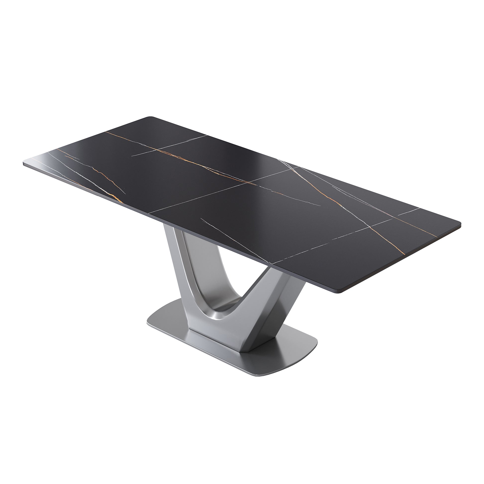 78.74 "Modern Artificial Stone Black Panel Gray V Shaped Metal Legs Can Accommodate 8 People. Black Gray Dining Room Metal Sintered Stone