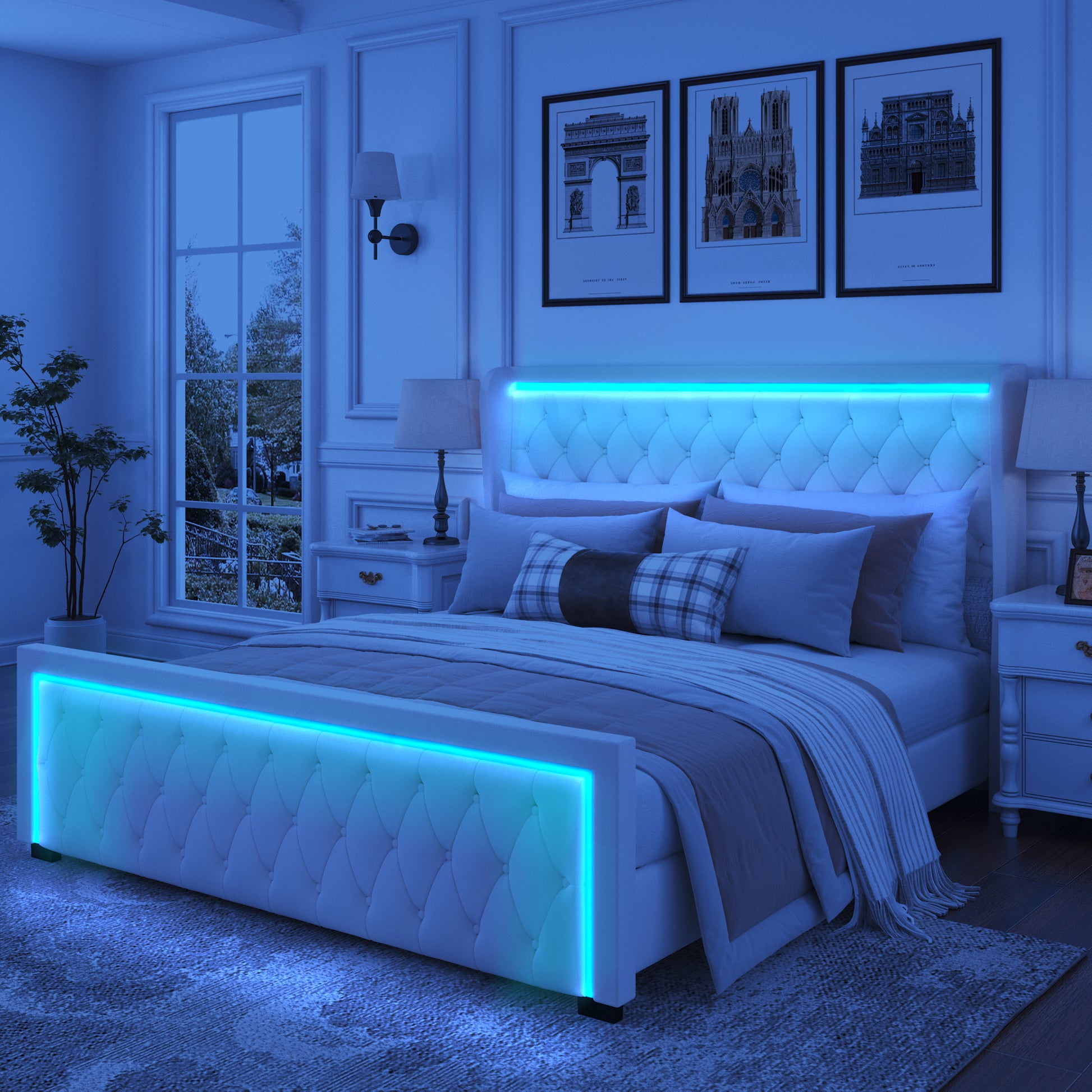 Queen Platform Bed Frame With High Headboard, Velvet Upholstered Bed With Deep Tufted Buttons, Adjustable Colorful Led Light Decorative Headboard, Wide Wingbacks,Black Queen Black Velvet