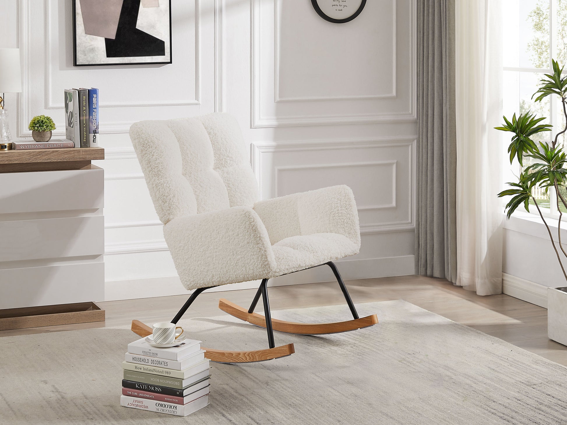 Comfy Upholstered Lounge Chair Rocking Chair With High Backrest, For Nursing Baby, Reading, Napping Off White Off White Foam Boucle