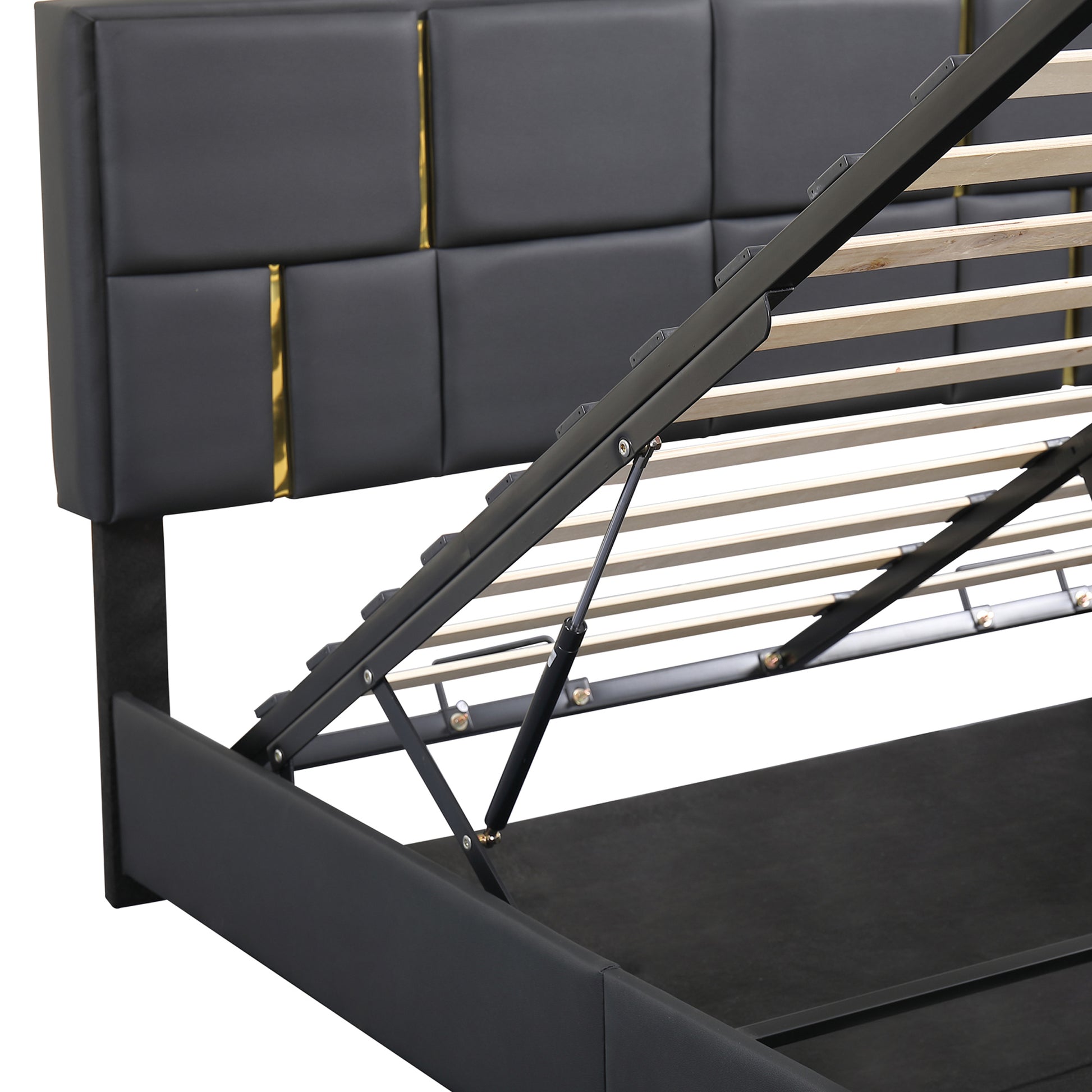 2 Pieces Bedroom Sets,Queen Size Upholstered Platform Bed With Hydraulic Storage System,Storage Ottoman With Metal Legs,Black Black Pu