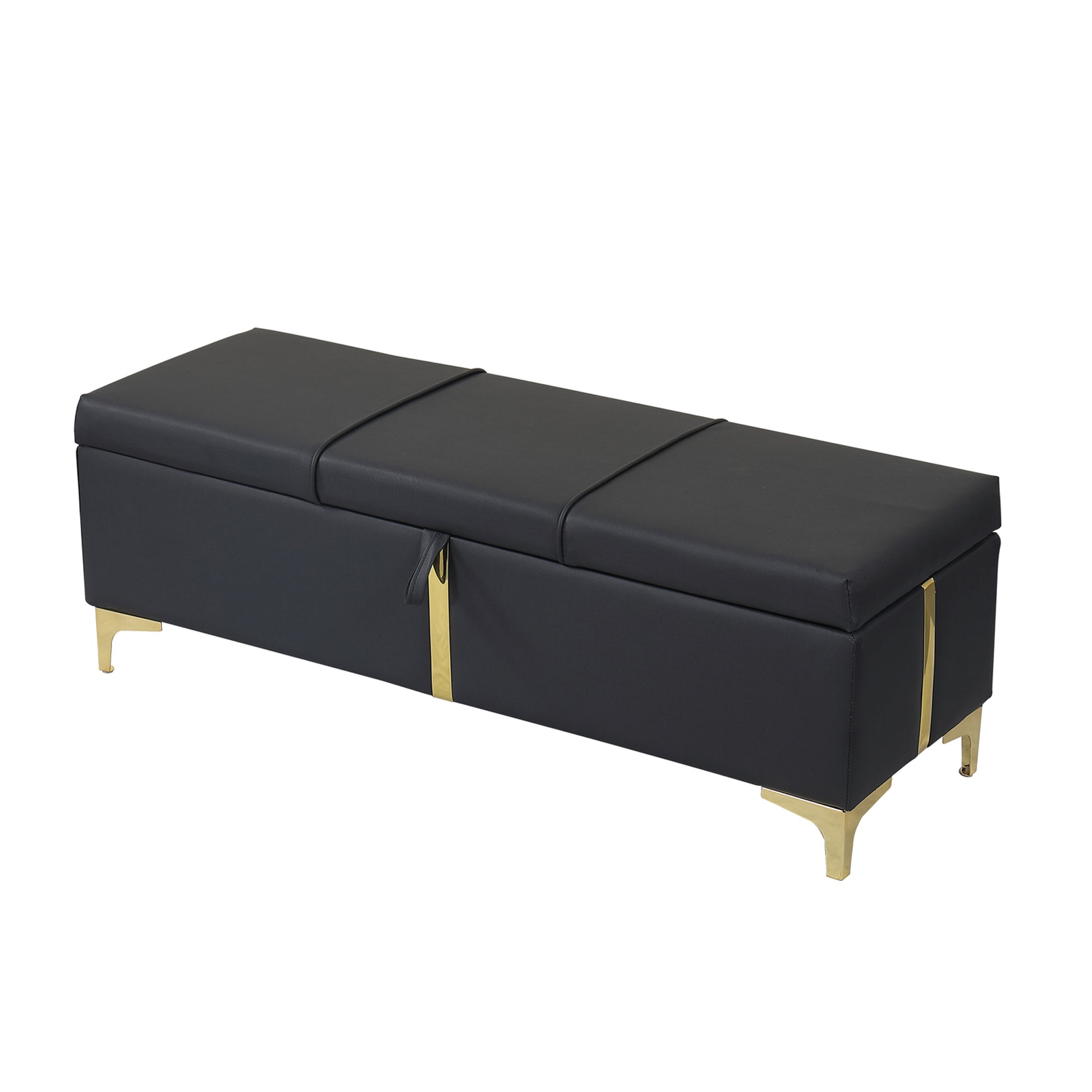 Elegant Upholstered Storage Ottoman,Storage Bench With Metal Legs For Bedroom,Living Room,Fully Assembled Except Legs,Black Black Pu