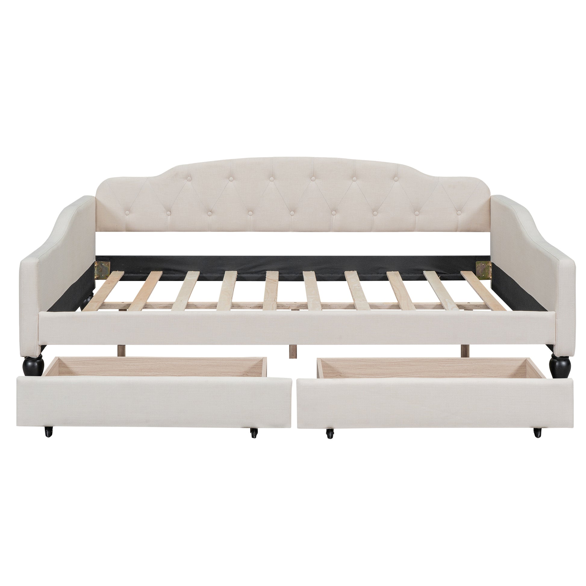 Full Size Upholstered Tufted Daybed With Two Drawers, Beige Box Spring Not Required Beige Wood Daybeds Linen Upholstered