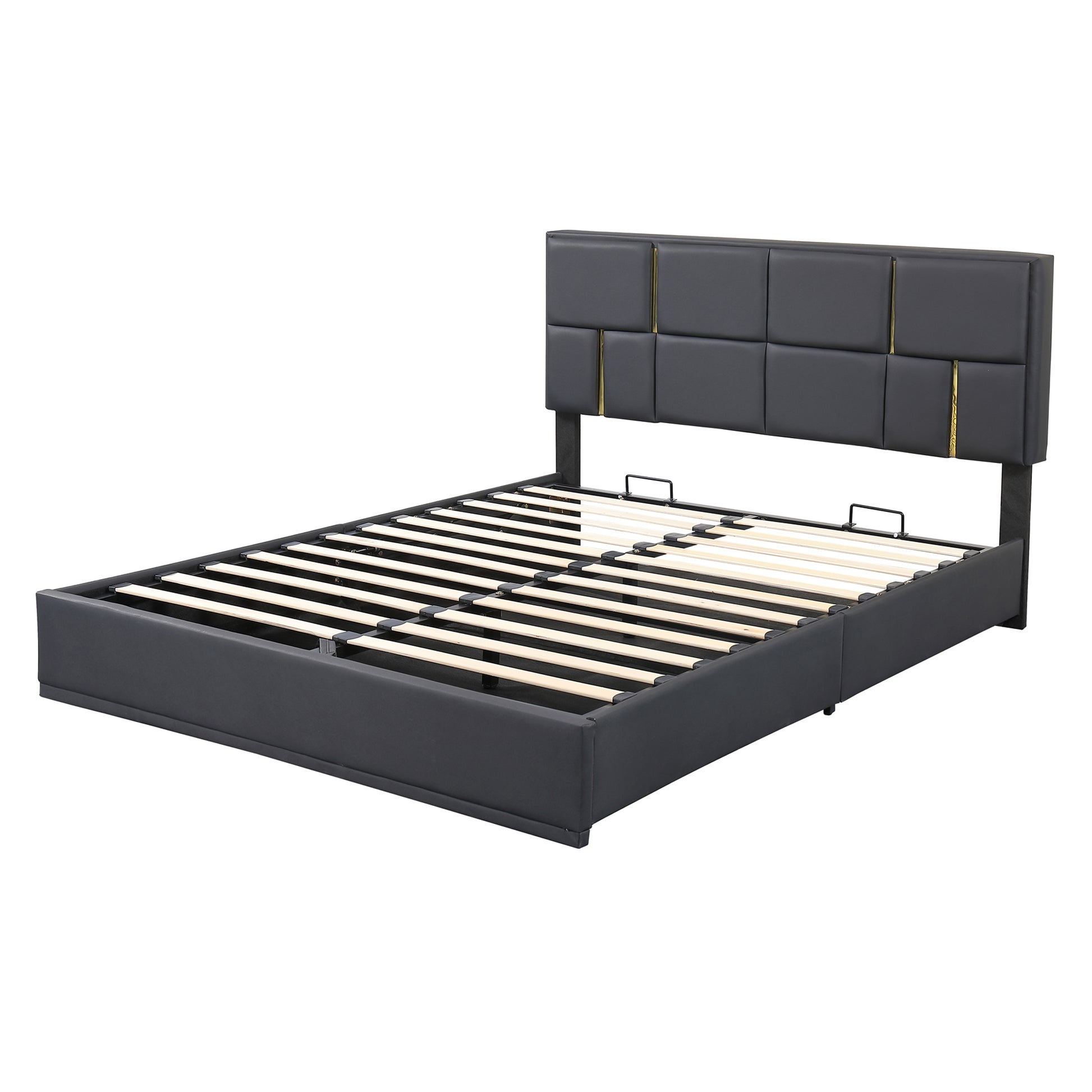 2 Pieces Bedroom Sets,Queen Size Upholstered Platform Bed With Hydraulic Storage System,Storage Ottoman With Metal Legs,Black Black Pu
