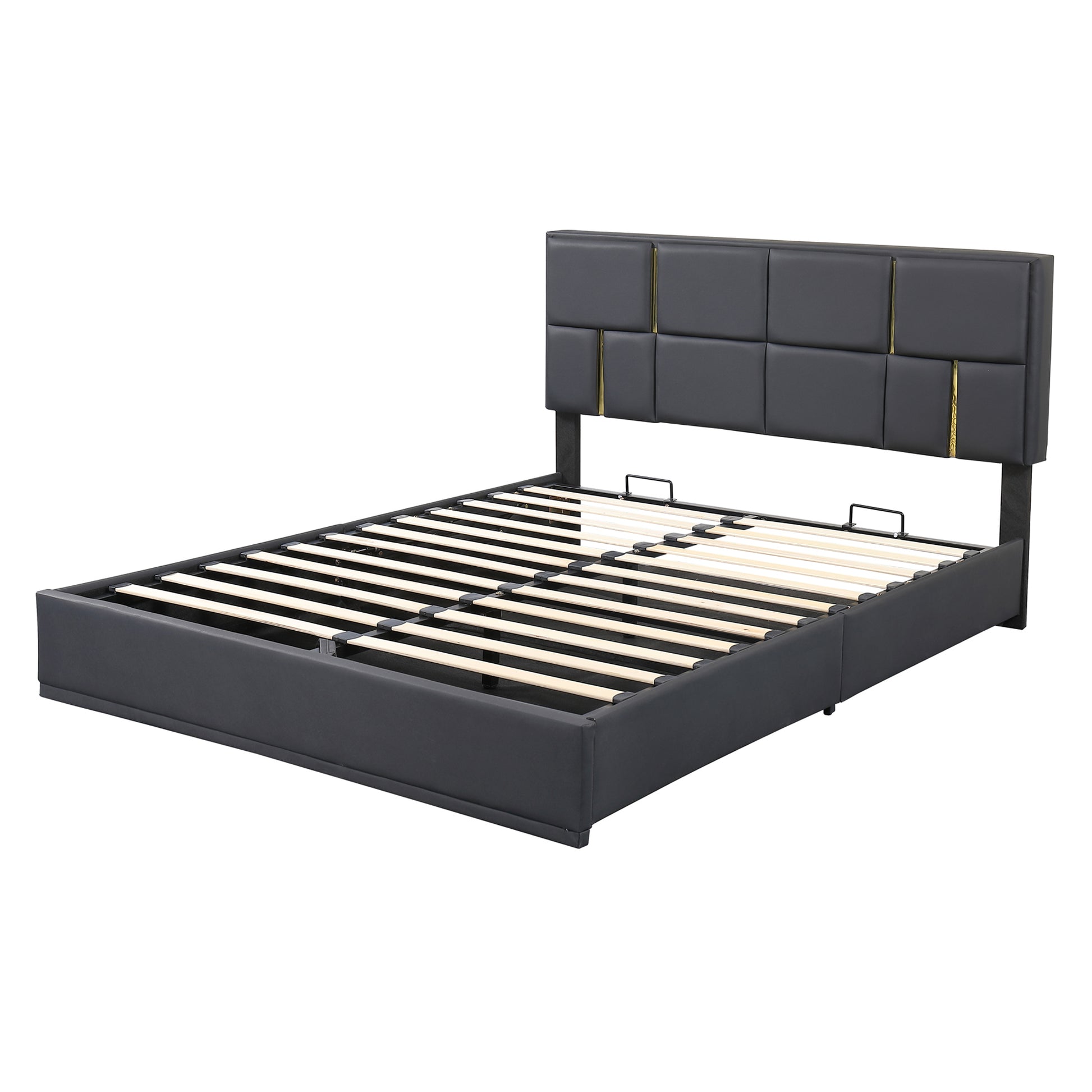 Queen Size Upholstered Platform Bed With Hydraulic Storage System,No Box Spring Needed,Black Black Pu