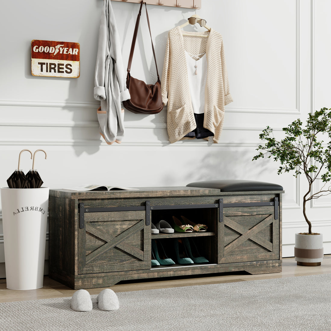 47 Inch Modern Farmhouse Sliding X Barn Door Litterbox Bench With Entry Cutout, Shoe Bench Old Pine Particle Board