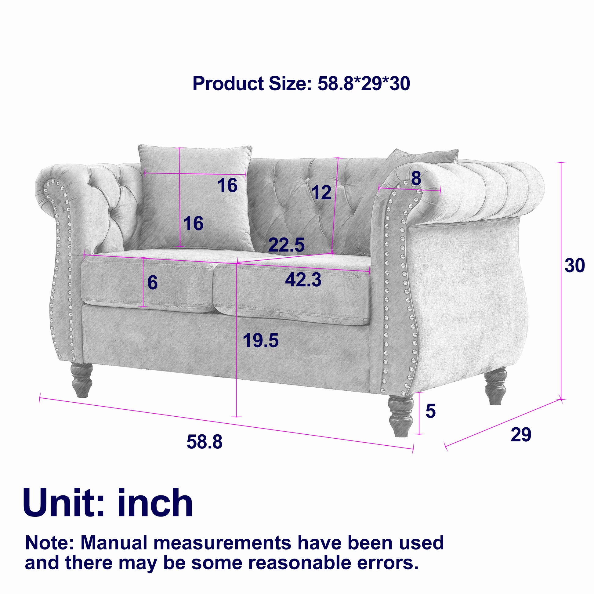 58.8" Chesterfield Sofa Black Velvet For Living Room, 2 Seater Sofa Tufted Couch With Rolled Arms And For Living Room, Bedroom, Office, Apartment, Two Pillows Black Foam Velvet