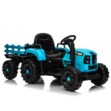 Ride On Tractor With Trailer,12V Battery Powered Electric Tractor Toy W Remote Control,Electric Car For Kids,Three Speed Adjustable,Power Display, Usb,Mp3 ,Bluetooth,Led Light,Two Point Safety Belt Blue Polypropylene