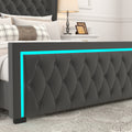 King Platform Bed Frame With High Headboard, Velvet Upholstered Bed With Deep Tufted Buttons, Adjustable Colorful Led Light Decorative Headboard, Wide Wingbacks, Black King Black Velvet