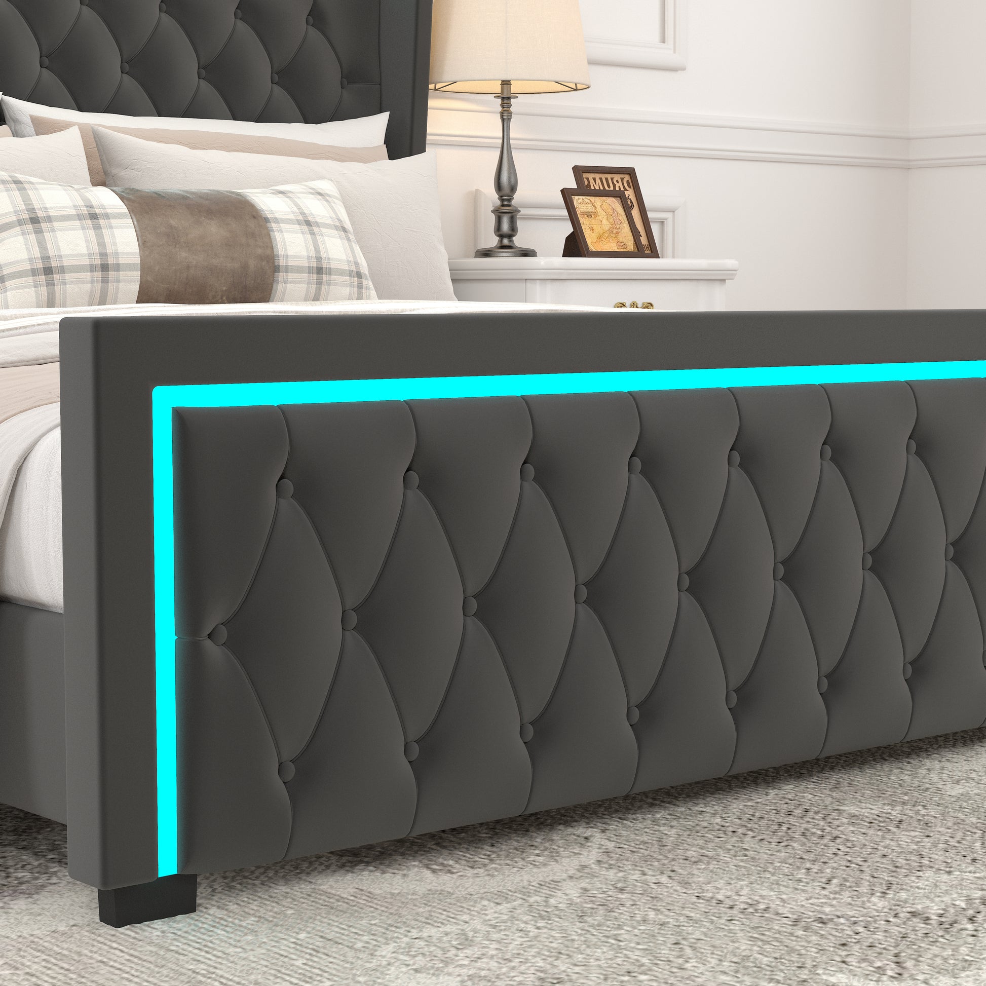 King Platform Bed Frame With High Headboard, Velvet Upholstered Bed With Deep Tufted Buttons, Adjustable Colorful Led Light Decorative Headboard, Wide Wingbacks, Black King Black Velvet