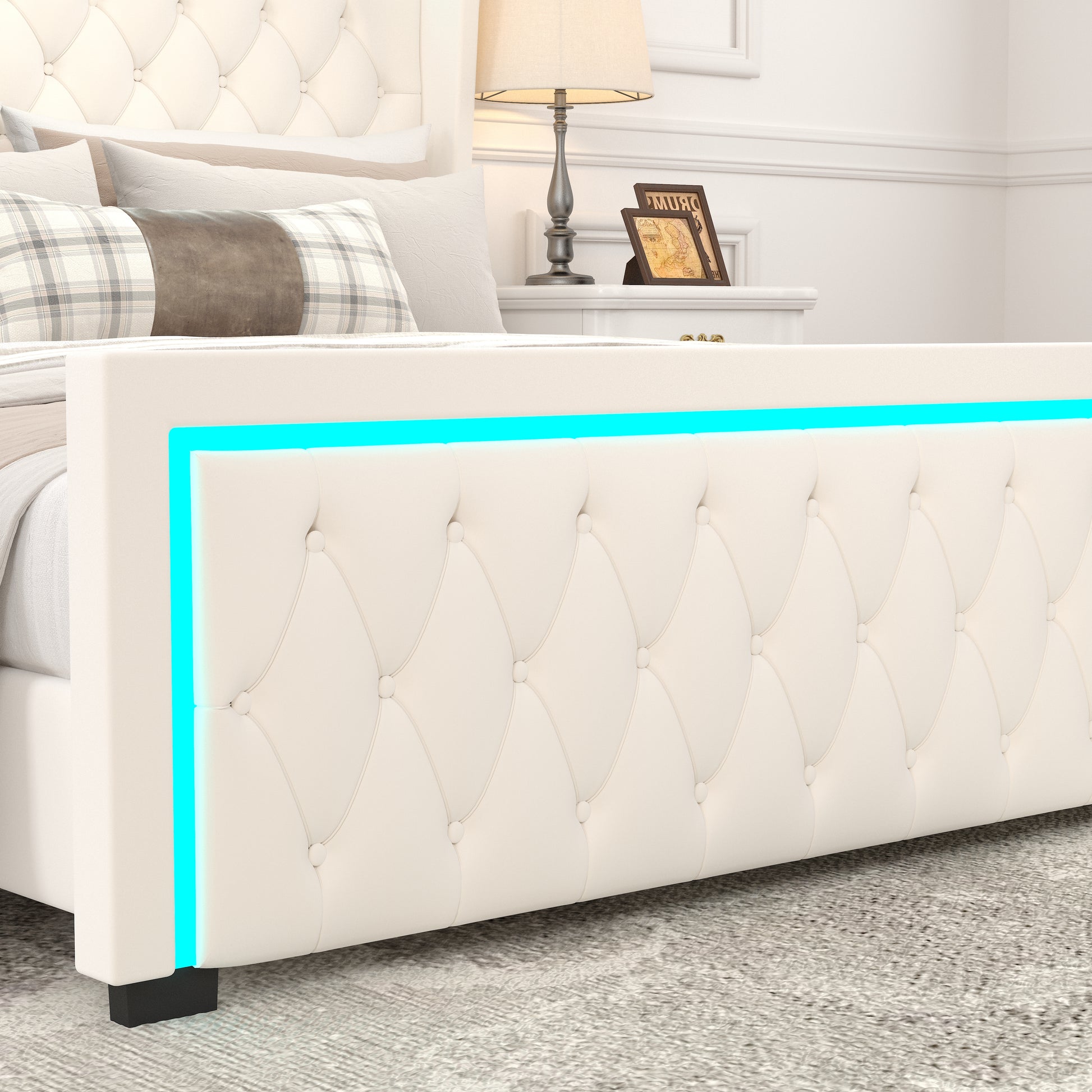 Queen Platform Bed Frame With High Headboard, Velvet Upholstered Bed With Deep Tufted Buttons, Adjustable Colorful Led Light Decorative Headboard, Wide Wingbacks, Beige Queen Beige Velvet