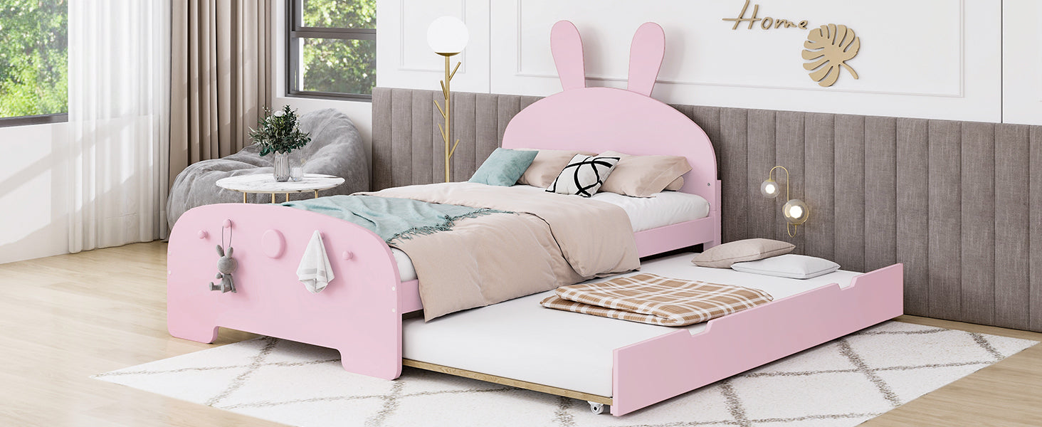 Wood Twin Size Platform Bed With Cartoon Ears Shaped Headboard And Trundle, Pink Box Spring Not Required Twin Pink Wood Bedroom Chenille Solid Wood Mdf