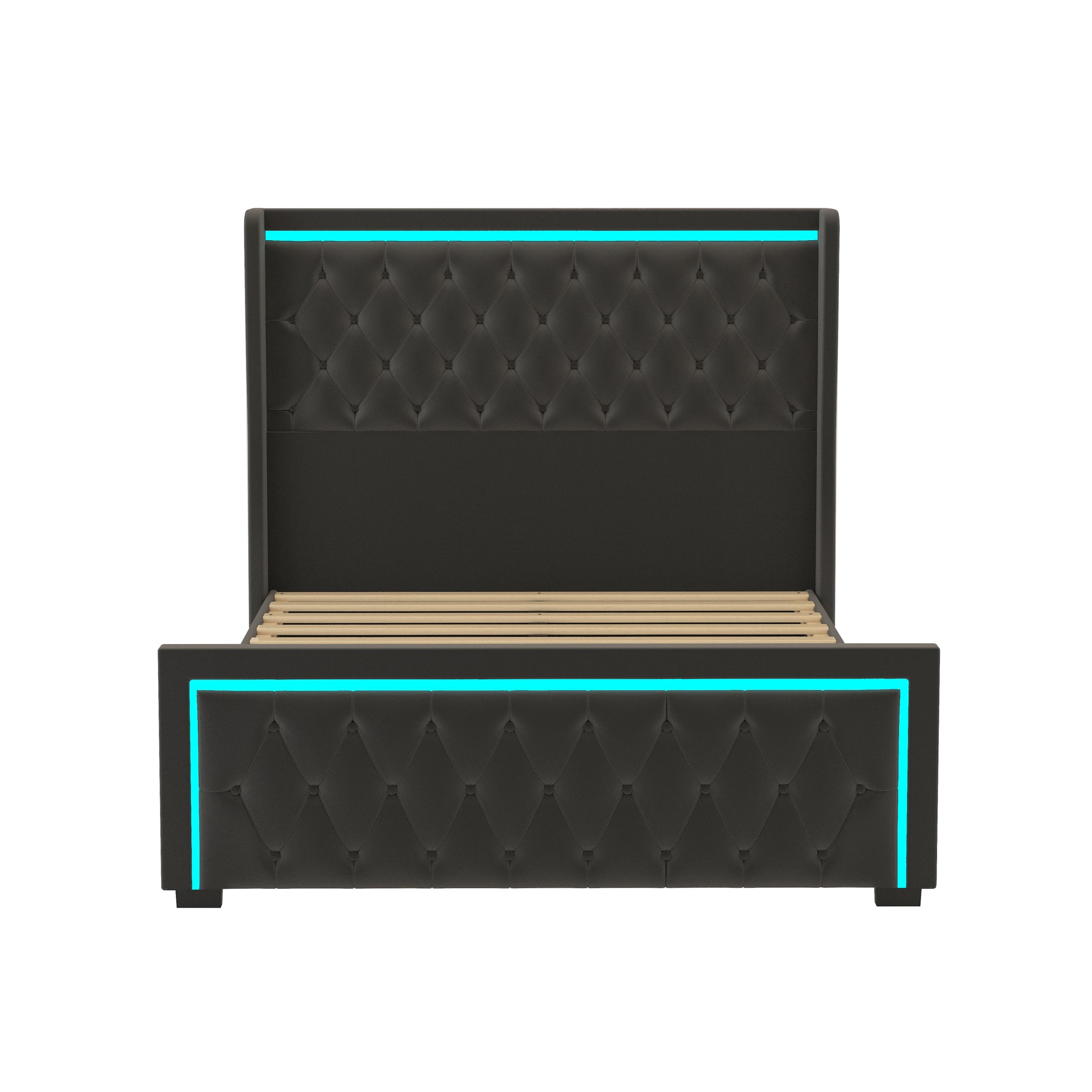 Queen Platform Bed Frame With High Headboard, Velvet Upholstered Bed With Deep Tufted Buttons, Adjustable Colorful Led Light Decorative Headboard, Wide Wingbacks,Black Queen Black Velvet