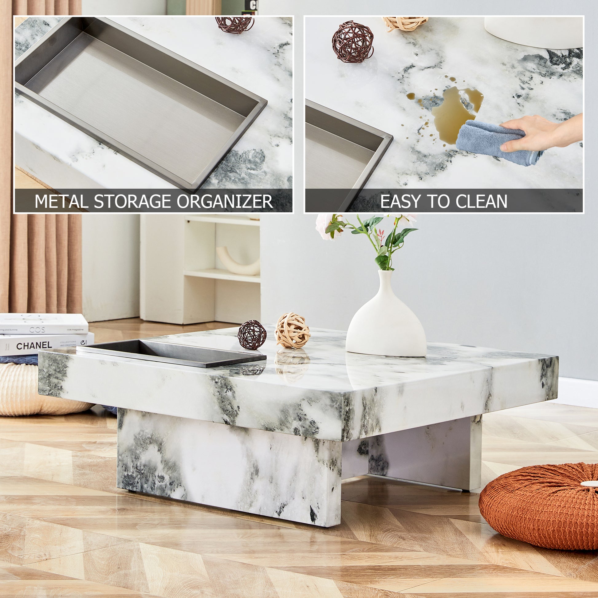 A Modern And Practical Coffee Table, Black And White In Imitation Marble Pattern, Made Of Mdf Material. The Fusion Of Elegance And Natural Fashion 31.4"* 31.4"* 12 " White Mdf