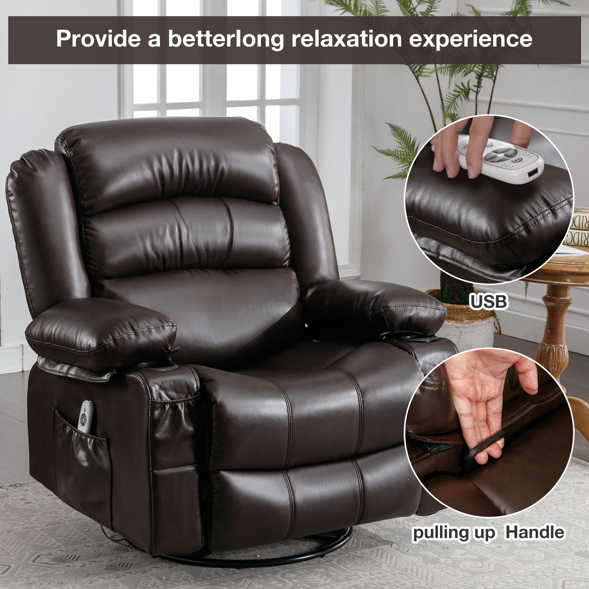 Massage Swivel Rocker Recliner Chair With Vibration Massage And Heat Ergonomic Lounge Chair For Living Room With Rocking Function And Side Pocket2 Cup Holders Usb Charge Port ,Brown Brown Primary Living Space Soft Heavy Duty Cotton Pu Leather