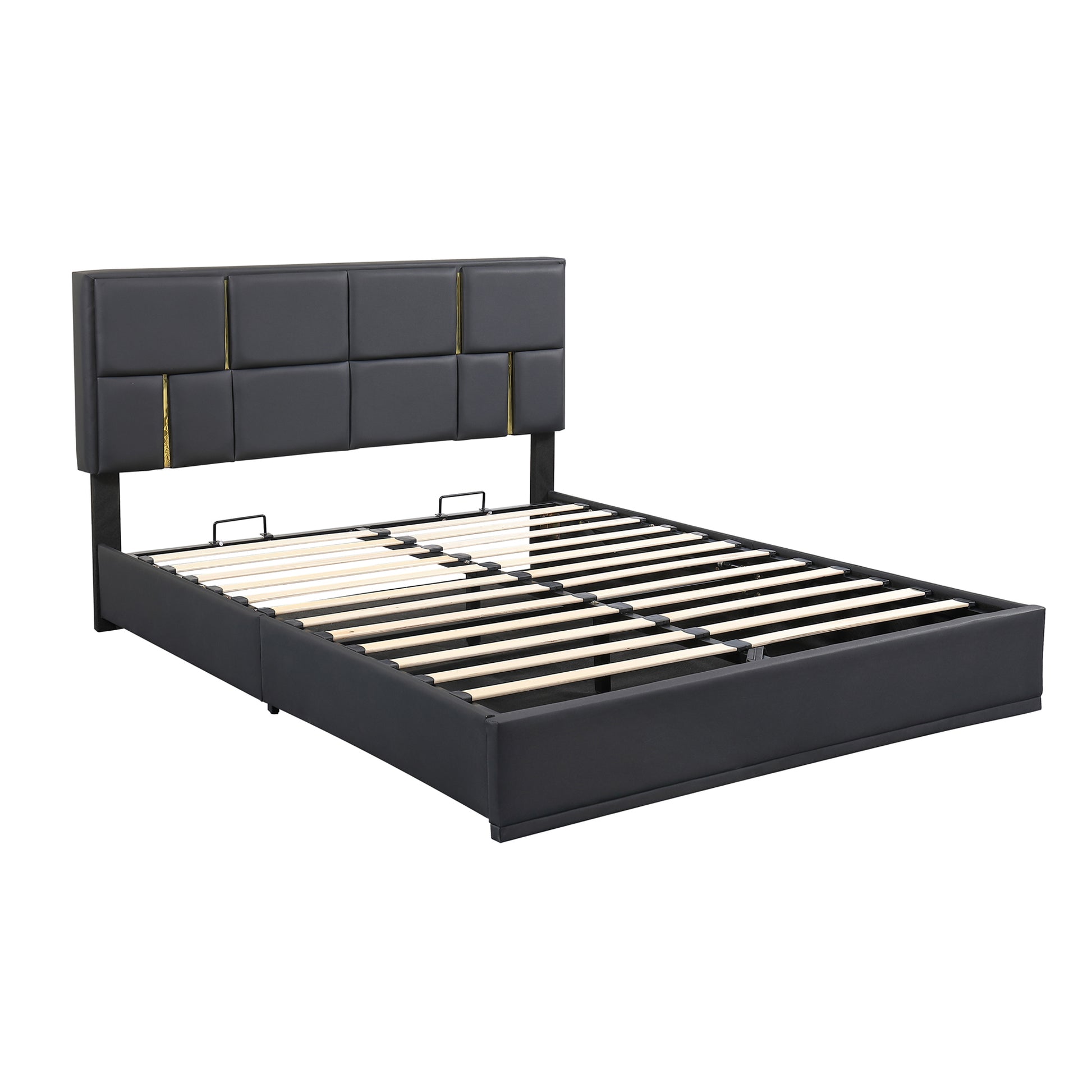 2 Pieces Bedroom Sets,Queen Size Upholstered Platform Bed With Hydraulic Storage System,Storage Ottoman With Metal Legs,Black Black Pu