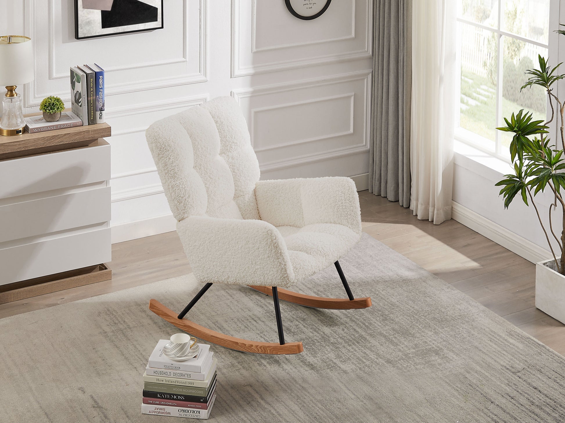 Comfy Upholstered Lounge Chair Rocking Chair With High Backrest, For Nursing Baby, Reading, Napping Off White Off White Foam Boucle