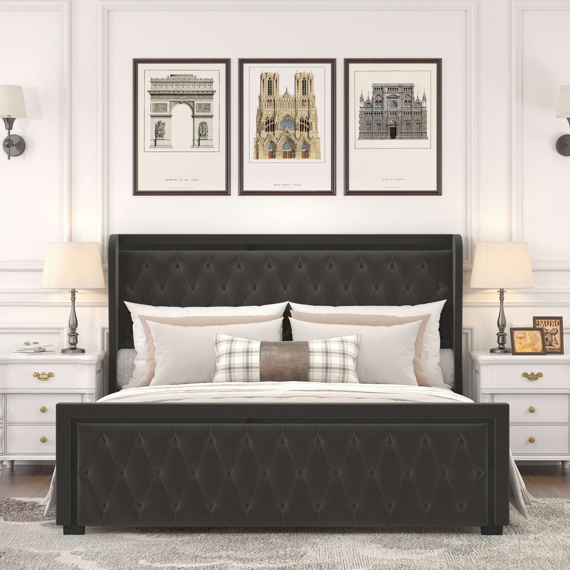 King Platform Bed Frame With High Headboard, Velvet Upholstered Bed With Deep Tufted Buttons, Adjustable Colorful Led Light Decorative Headboard, Wide Wingbacks, Black King Black Velvet