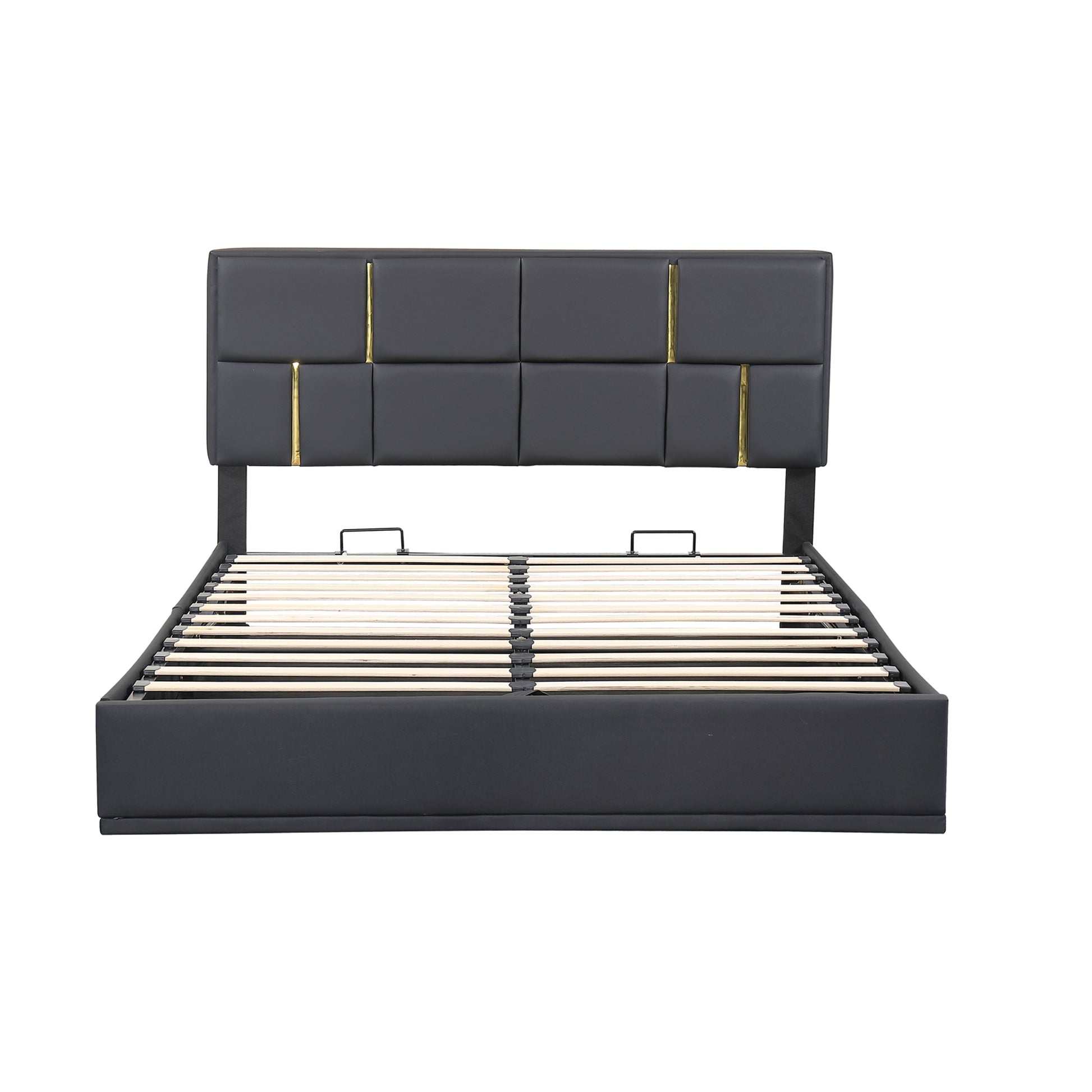 2 Pieces Bedroom Sets,Queen Size Upholstered Platform Bed With Hydraulic Storage System,Storage Ottoman With Metal Legs,Black Black Pu