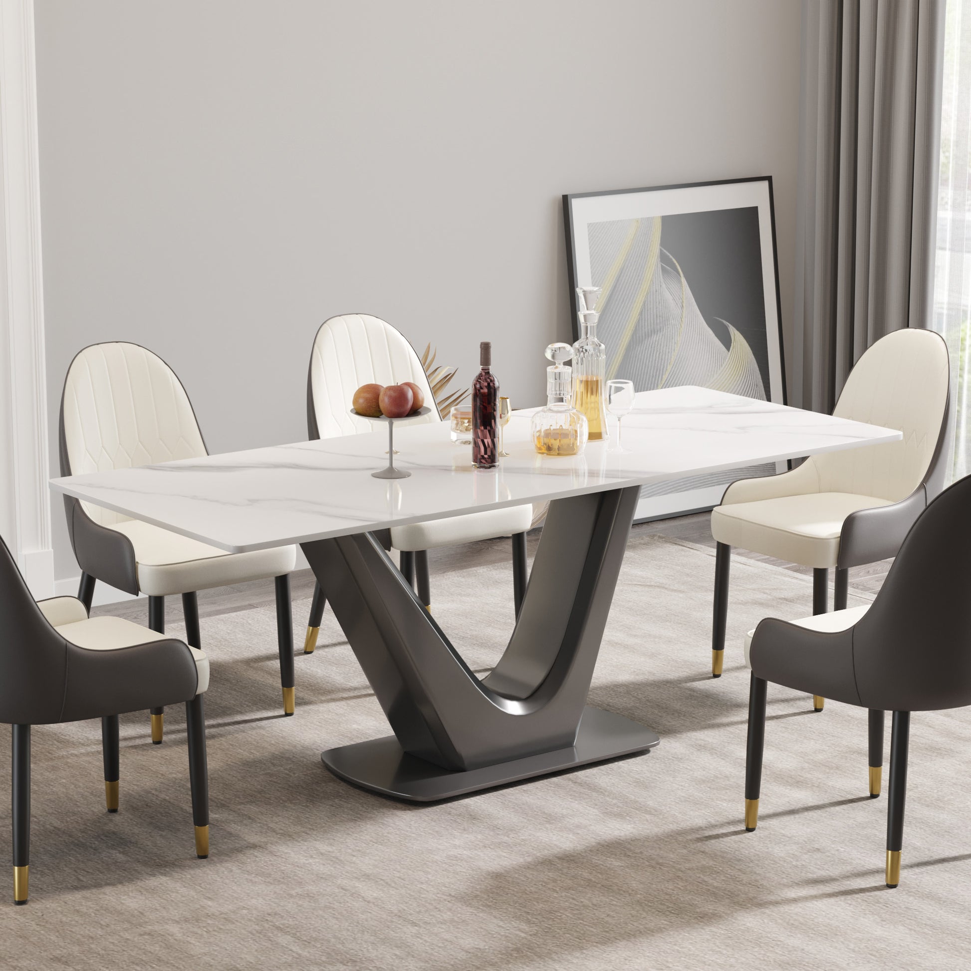 78.74 "Modern Artificial Stone White Panel Gray V Shaped Metal Legs Can Accommodate 8 People. White Gray Dining Room Metal Sintered Stone