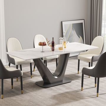 78.74 "Modern Artificial Stone White Panel Gray V Shaped Metal Legs Can Accommodate 8 People. White Gray Dining Room Metal Sintered Stone