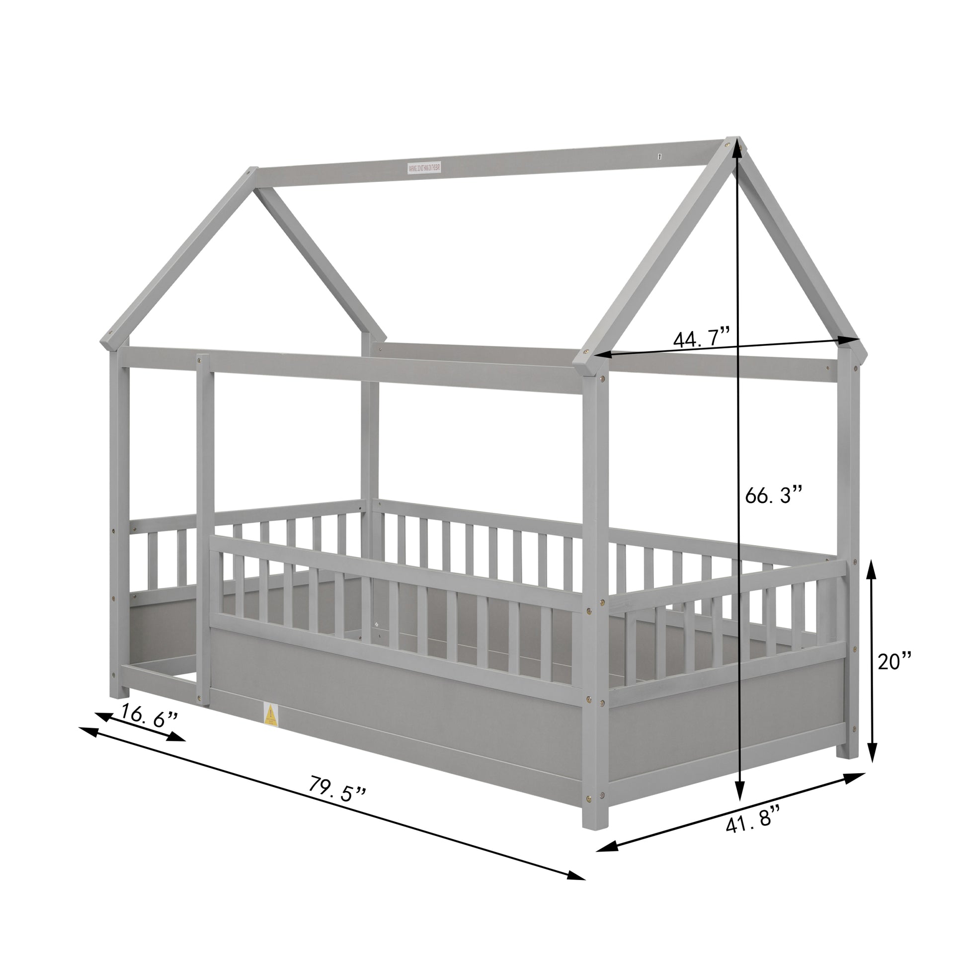 Twin Size Floor Wooden Bed With House Roof Frame, Fence Guardrails,Grey Box Spring Required Twin Grey Wood Brown Bedroom American Design,Artsy Pine Bed Frame Pine