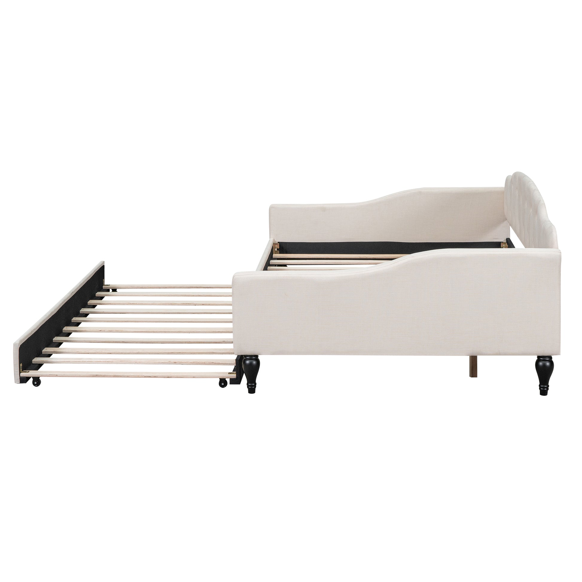 Full Size Upholstered Tufted Daybed With Twin Size Trundle, Beige Box Spring Not Required Full Beige Wood Daybeds Linen Upholstered