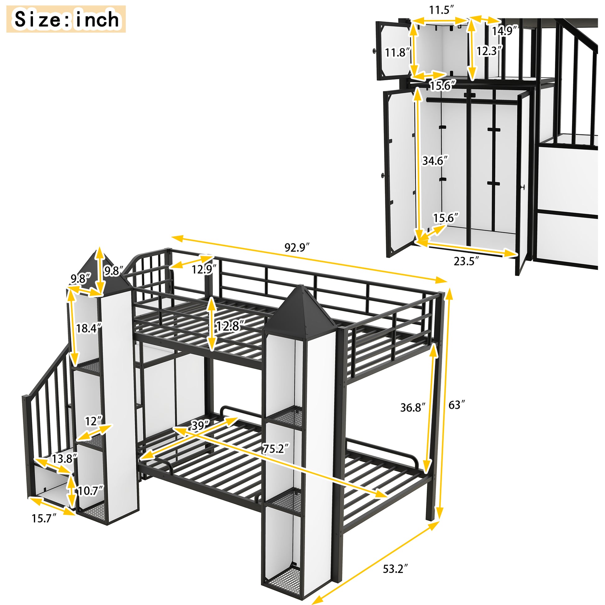 Metal Twin Over Twin Castle Shaped Bunk Bed With Wardrobe And Multiple Storage, Black White Box Spring Not Required Twin White Black Metal Bedroom Bunk Metal & Wood