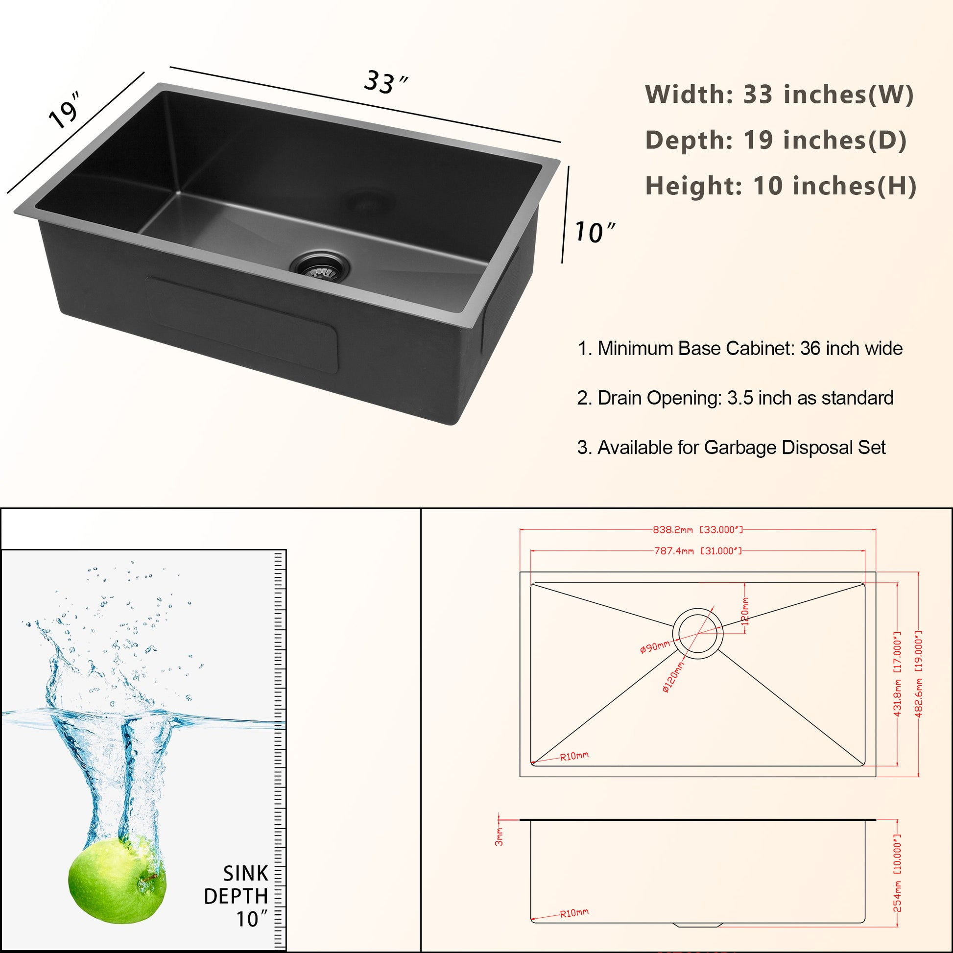 33" Gunmetal Black Kitchen Sink 33"X 19"X 10" Undermount Singel Bowl Kitchen Basin 16 Gauge Stainless Steel With 10 Inch Deep Gunmetal Black Stainless Steel