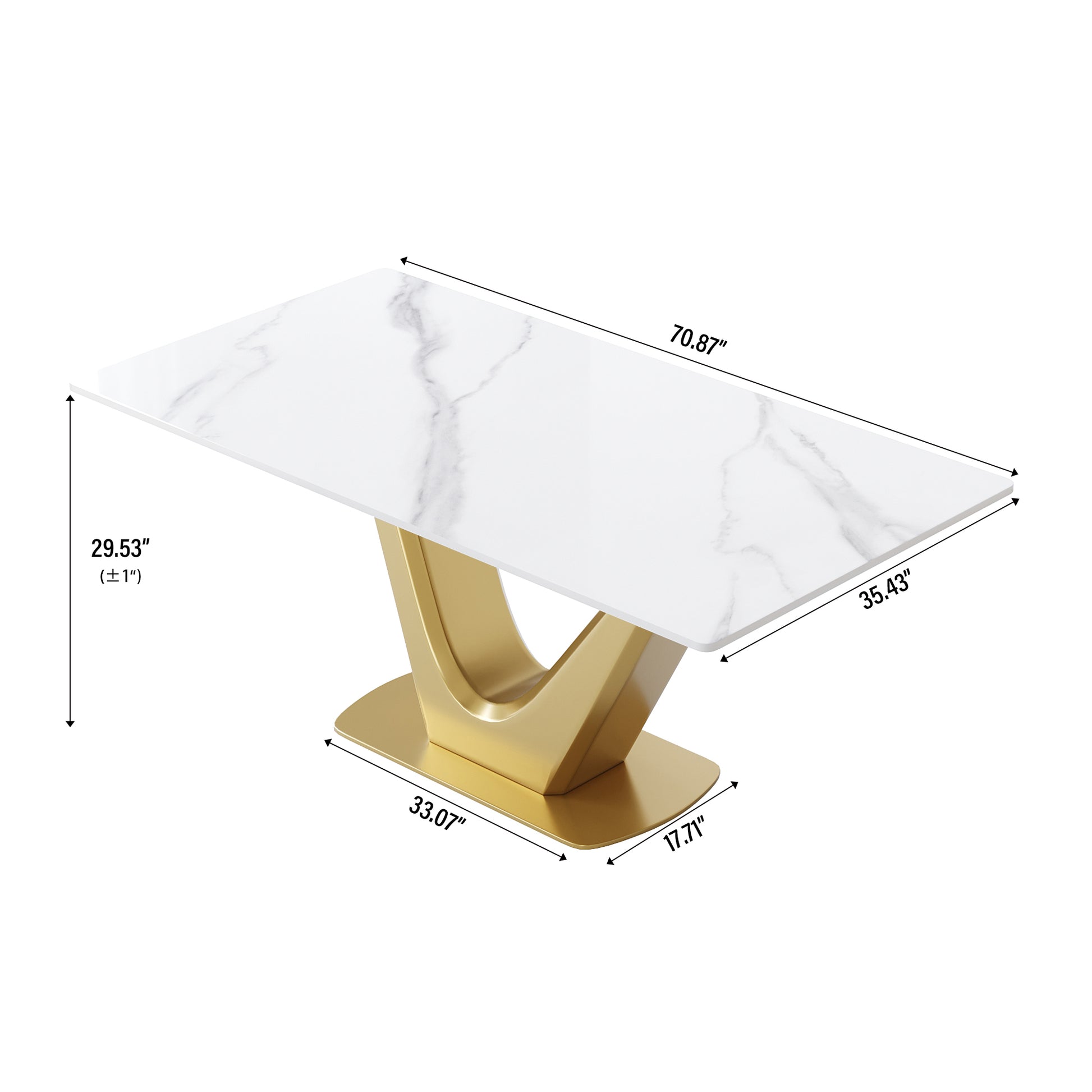 70.84 "Modern Artificial Stone White Panel Golden V Shaped Metal Legs Can Accommodate 6 8 People. White Gold Dining Room Metal Sintered Stone