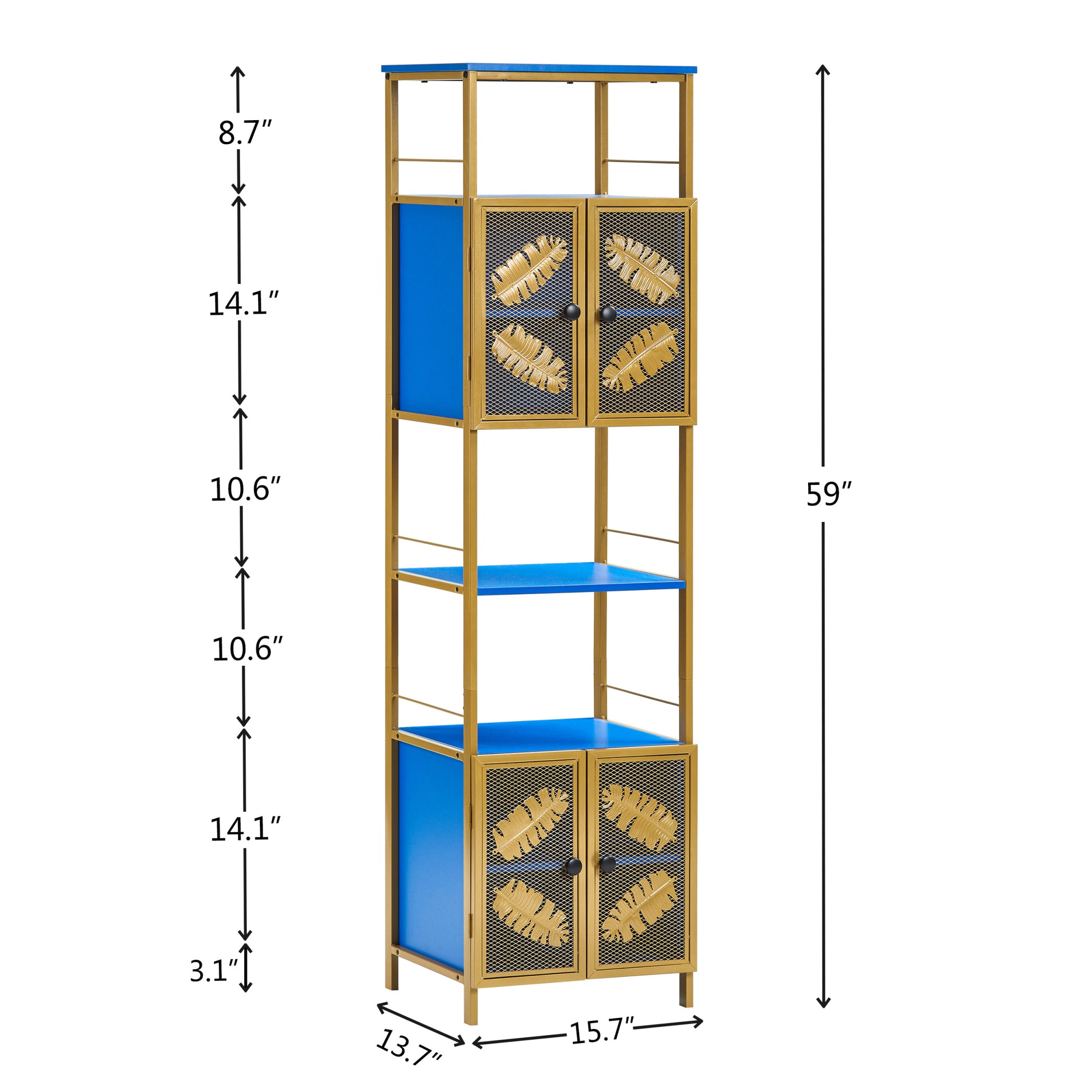 Tall Large Floor Storage Cabinet With Open Compartments And 2 Cabinets With Doors, Freestanding Cabinet, For Home Kitchen, Bathroom, Living Room Black Blue Metal Metal