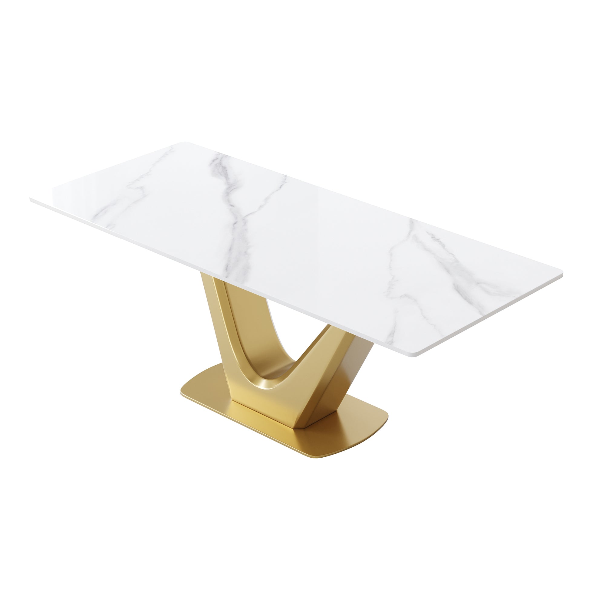 70.84 "Modern Artificial Stone White Panel Golden V Shaped Metal Legs Can Accommodate 6 8 People. White Gold Dining Room Metal Sintered Stone