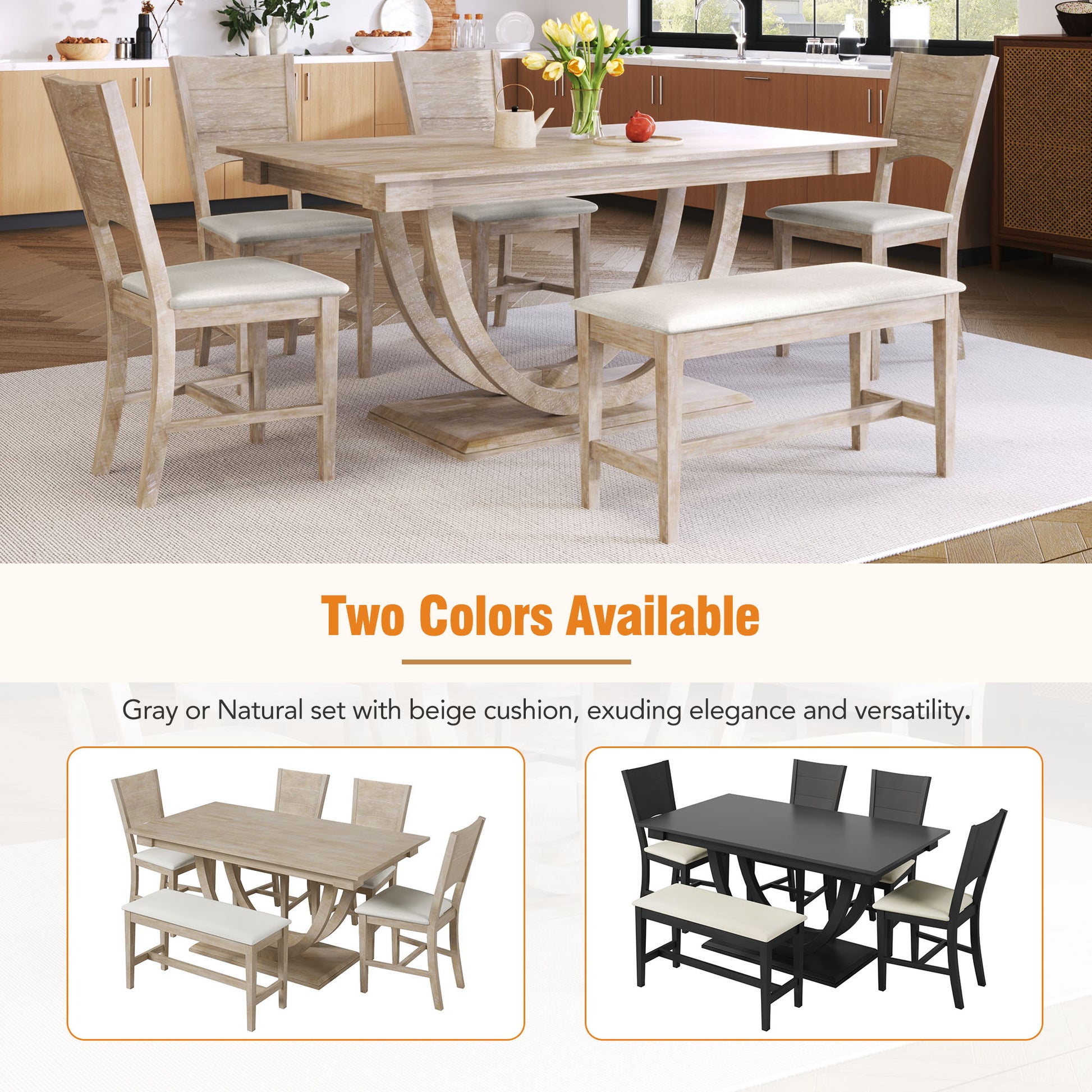 6 Piece Wood Half Round Dining Table Set Kitchen Table Set With Long Bench And 4 Dining Chairs, Modern Style, Natural Wood Dining Room Bench Seating Rubberwood Rectangular Dining Table With Chair