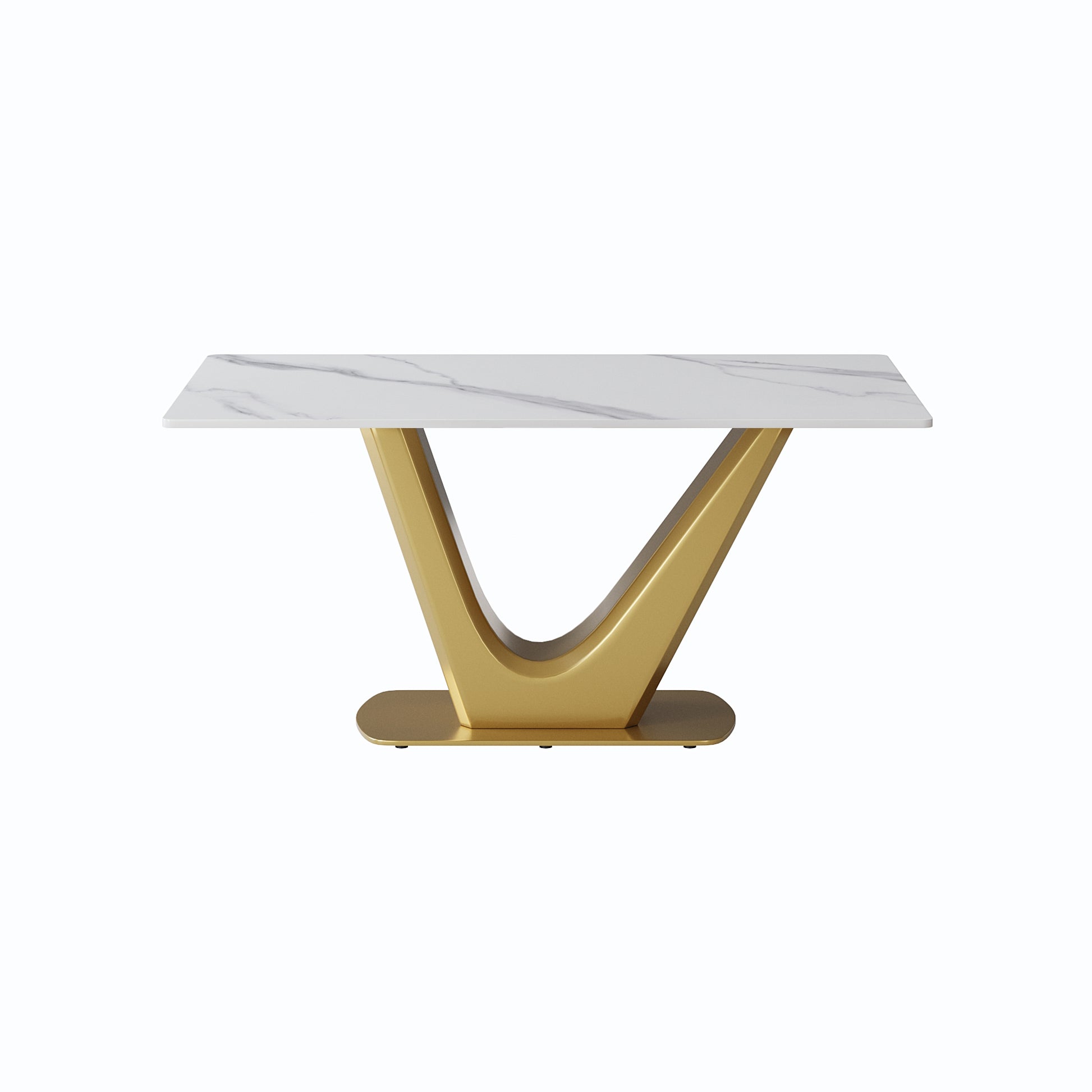 63 "Modern Artificial Stone White Panel Golden V Shaped Metal Legs Can Accommodate 6 8 People. White Gold Dining Room Metal Sintered Stone
