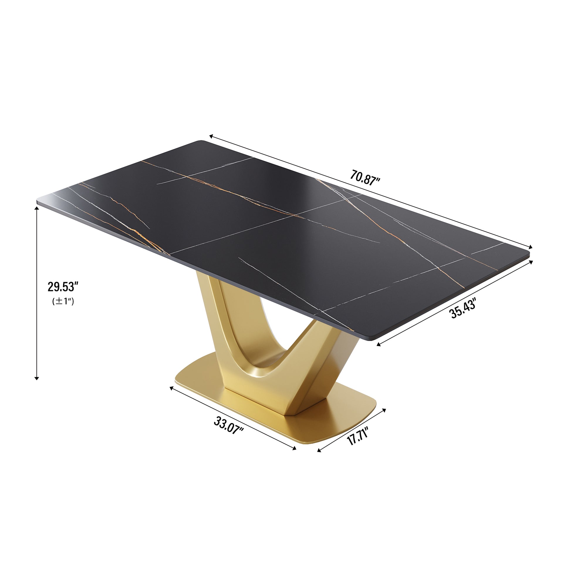 70.84 "Modern Artificial Stone Black Panel Golden V Shaped Metal Legs Can Accommodate 6 8 People. Black Gold Dining Room Metal Sintered Stone