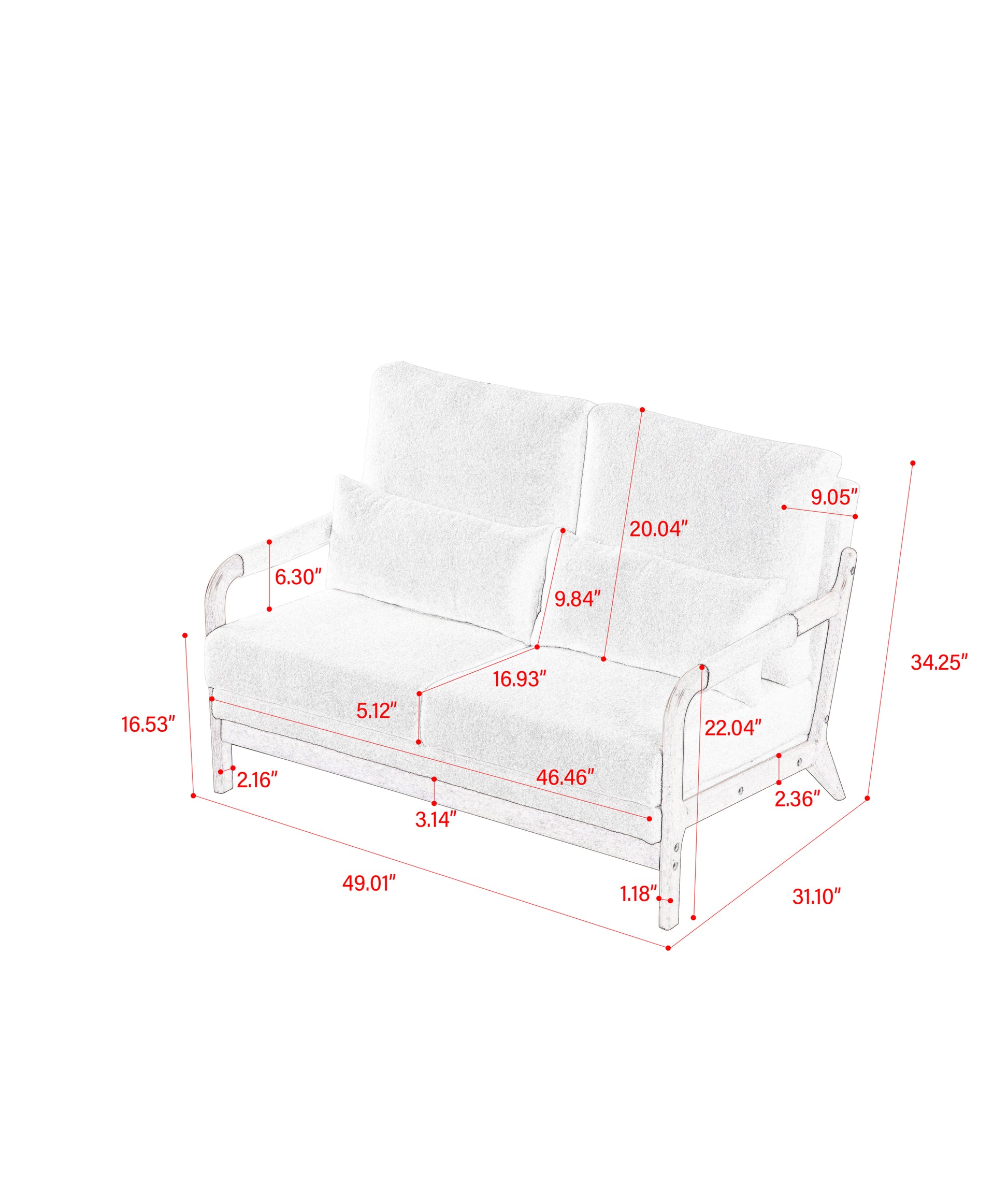 49.01"Modern Teddy Fabric Loveseat,Wood Frame Sofa For Living Room White Teddy 2 Seat