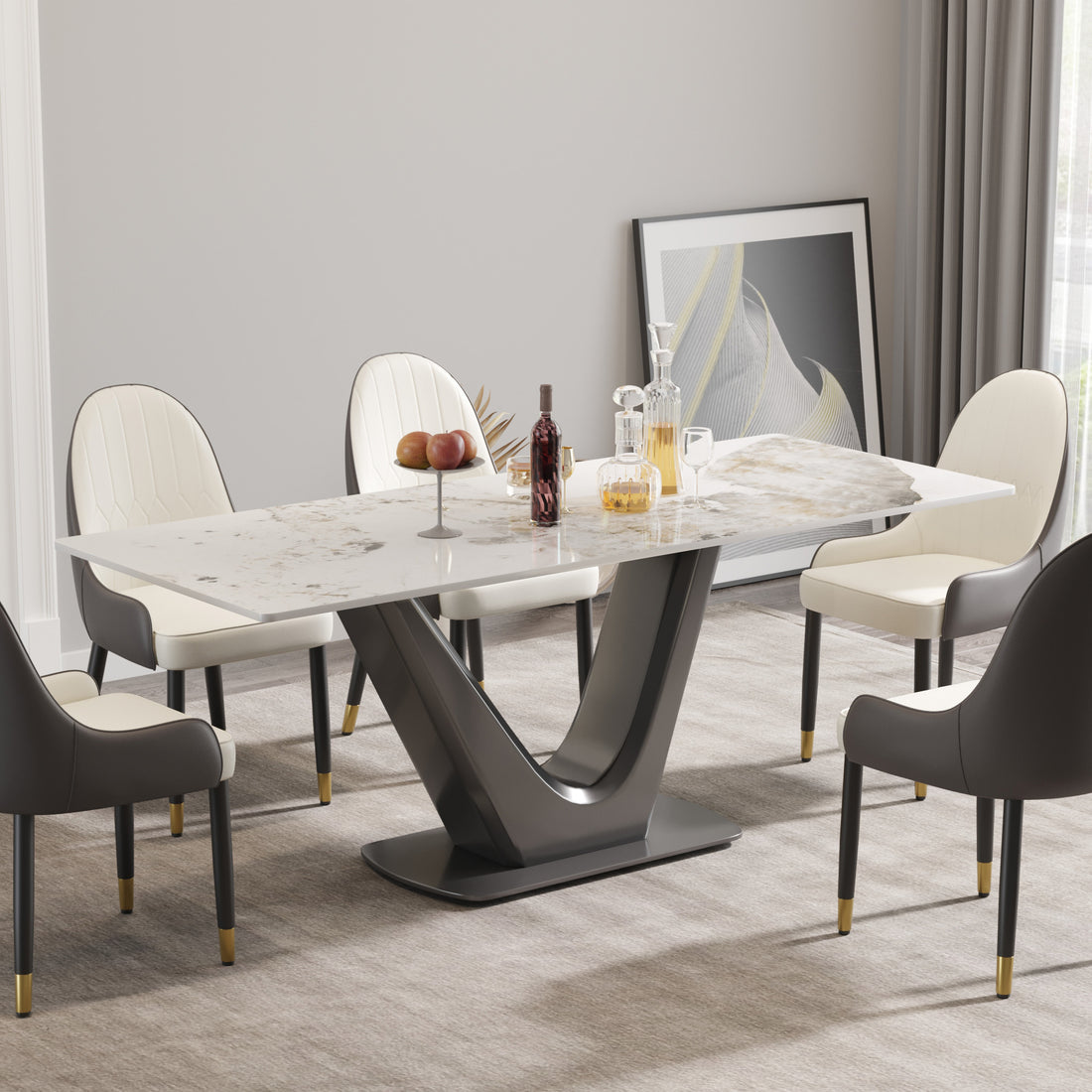 78.74 "Modern Artificial Stone Pandora White Panel Gray V Shaped Metal Legs Can Accommodate 8 People. White Gray Dining Room Metal Sintered Stone